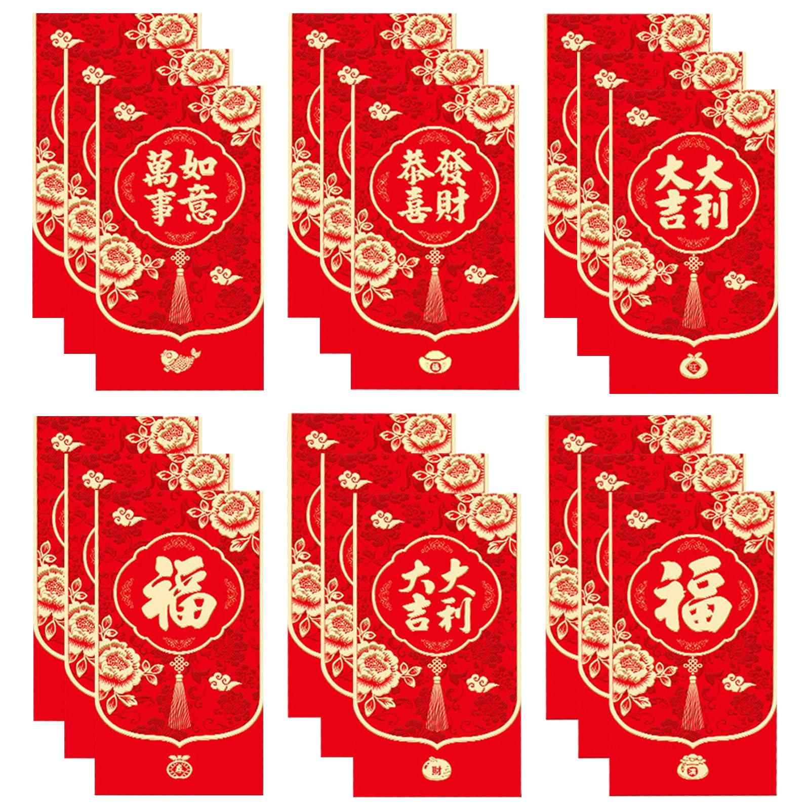 18 Pcs 6 Chinese Style Designs New Year Red Envelopes, Money Cards for Cash Gifts Hong Bao Lucky Money Packets for Spring Festival, Weddings, Birthdays (17x9cm)