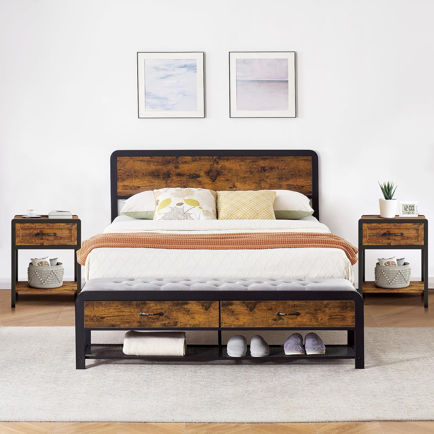 3-Pieces Bedroom Sets, Queen Size Platform Bed Frame with Wood Headboard and Ottoman Bench, 2 Nightstands with Charging Station and Drawers Storage Shelf