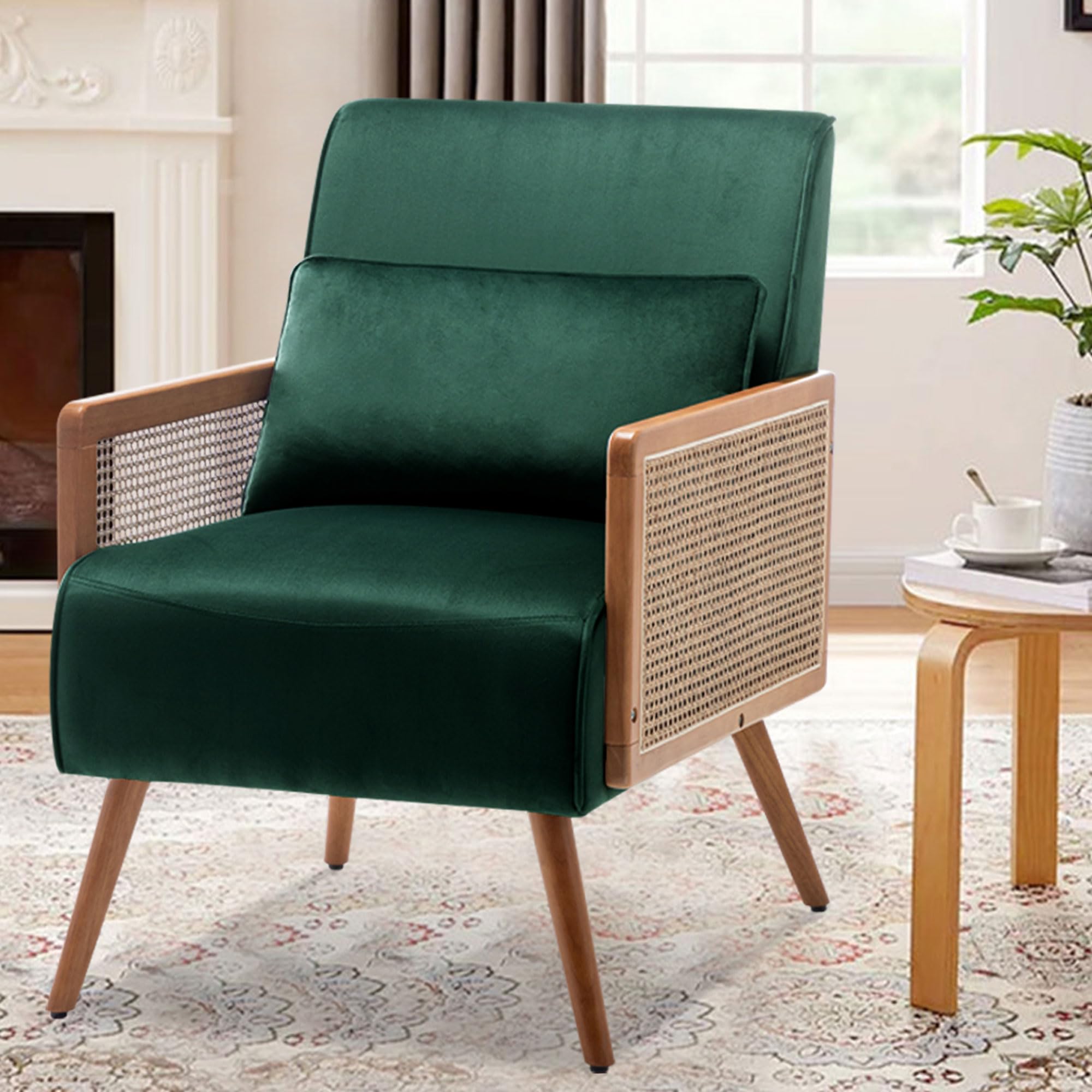 Mid Century Velvet Accent Chair, Wooden Upholstered Leisure Armchair with Rattan Armrest, Modern Comfy Reading Accent Chair, for Living Room Bedroom Lounge Side Boho Club Chair, Green