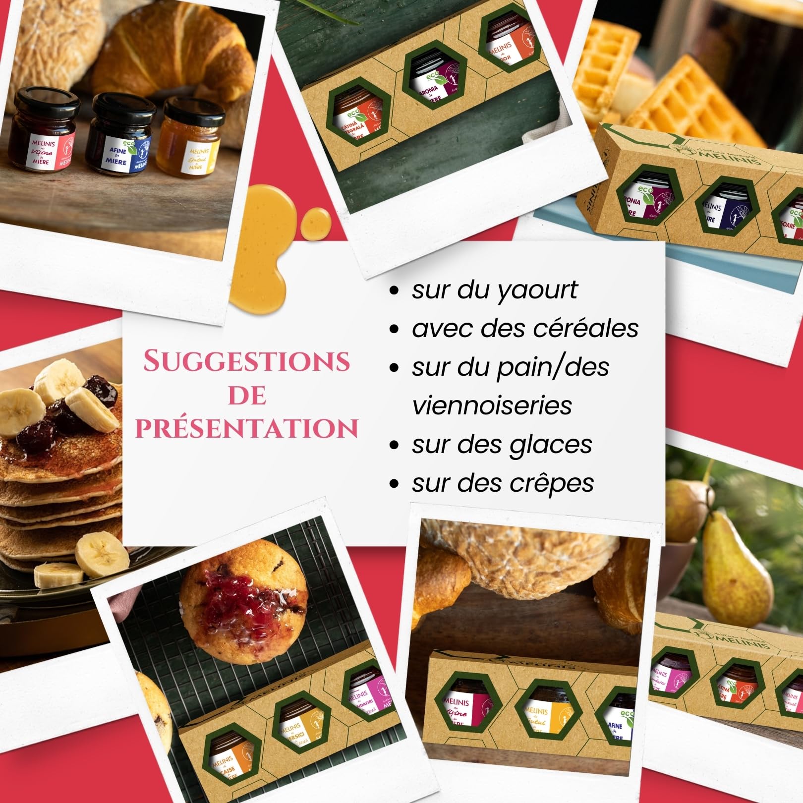 Coffret 3 × 40 g Crèmes de Miel Bio – Acacia à l’Argousier, à la Framboise et à la Rose – Sans Sucre Ajouté – Pour Petit-Déjeuner, Desserts ou Cadeau – Melinis