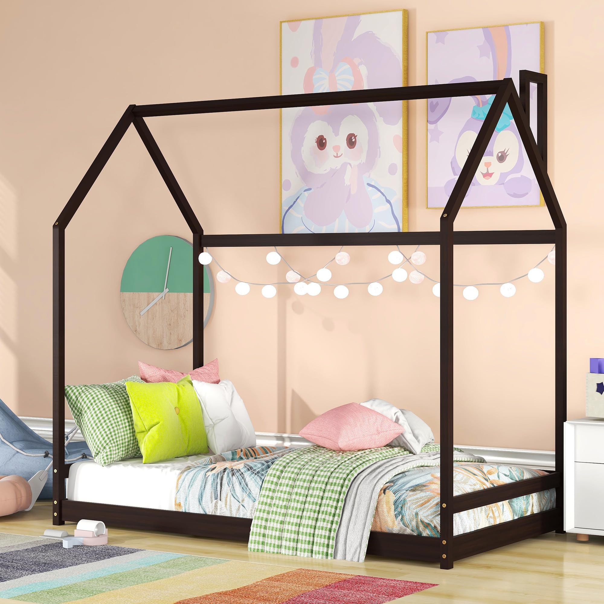 Bellemave Kids Montessori Floor Bed,Twin Size House Bed with Fence,Wooden Floor Bed for Kids,Twin Bed Frame for Girls,Boys(Twin,Espresso)