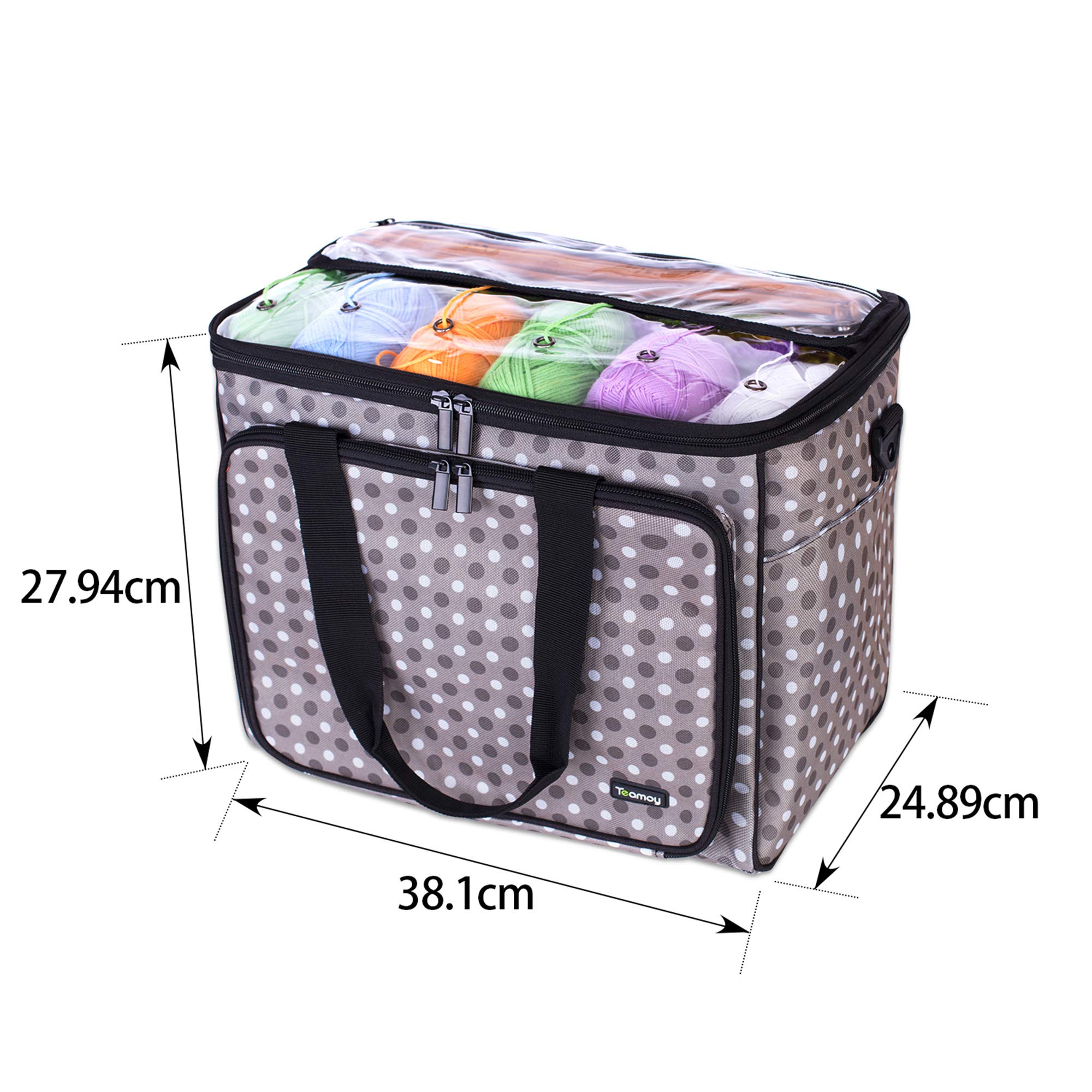 Teamoy Sac de Rangement pour Laine, Organiseur d'Outils de Couture de Grande Capacité, Étui de Transport pour Crochets, Pelotes, Aiguilles à Tricoter et Autres Accessoires, Pois Gris