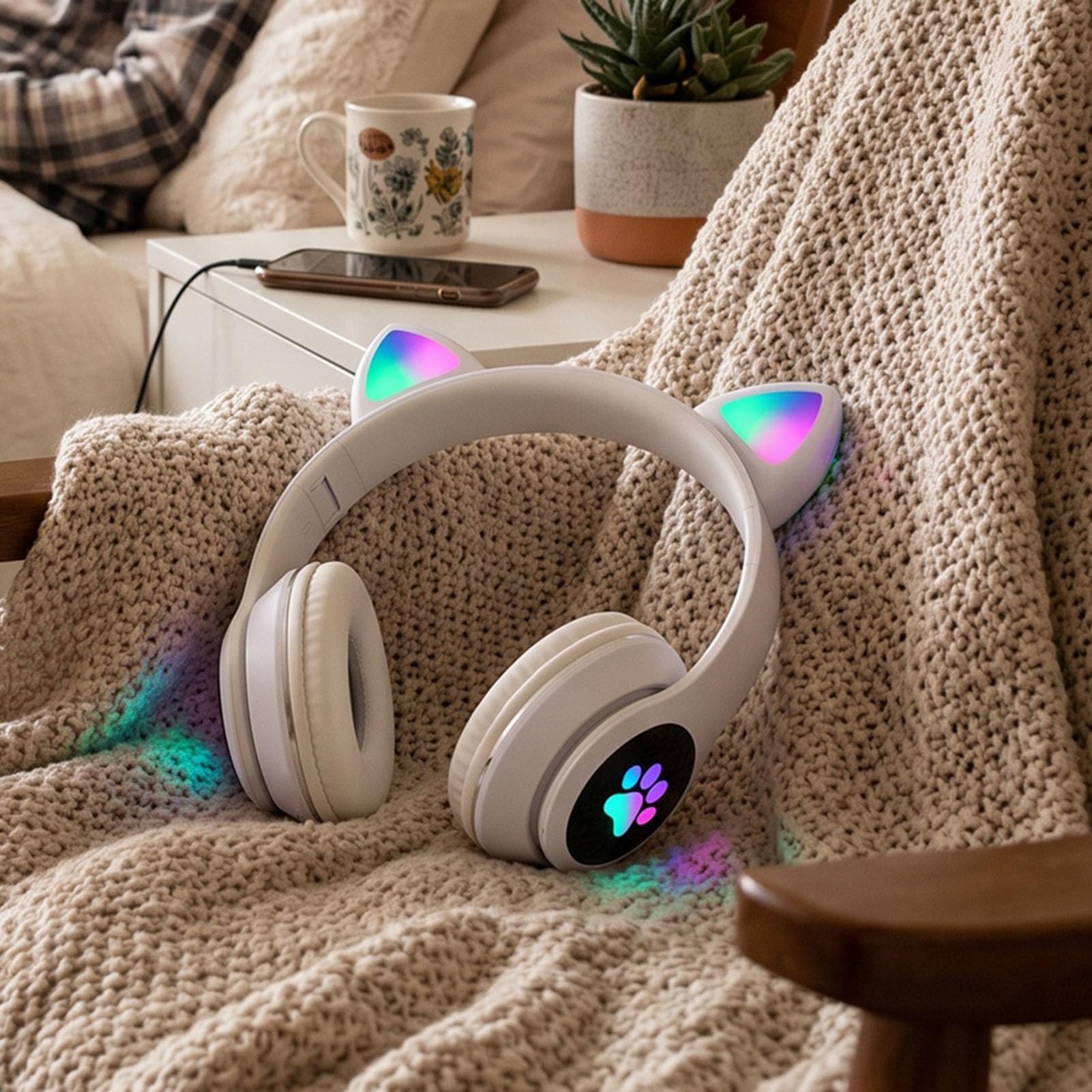 Ejoyous Cuffie Over Ear con Orecchie di Gatto, 7 Colori Luci LED (WHITE)