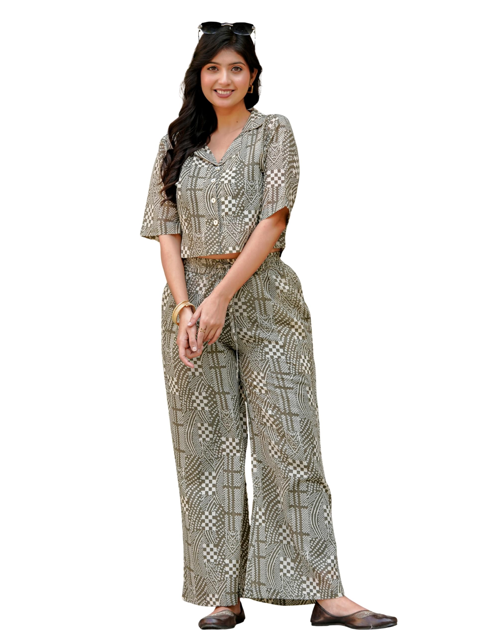 Women’s & Girl's Poly-Cotton Co-Ord Set Notch-Collar Button Crop Top & Elasticated Wide-Leg Pants Geometric Print With Pockets-image-11