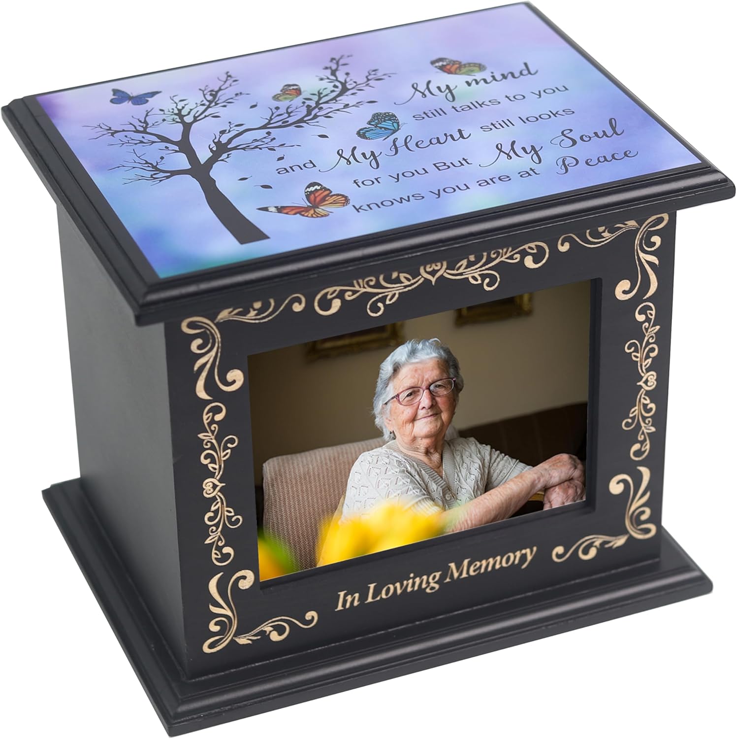 Wooden Urn Box for Ashes Cremation Urns for Human Ashes Adult Male or Female, Memorial Keepsake Urns with Photo Frame, Funeral Casket for Men Women, Burial Urn for Adults Up to 200 IBS-Wing