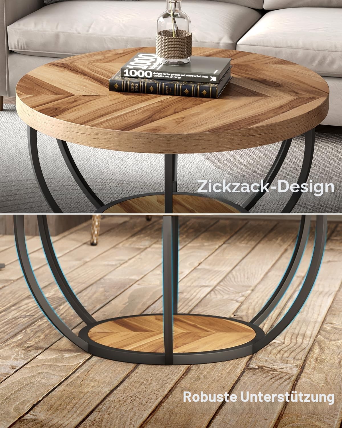 LITTLE TREE Runder Couchtisch, 81,3 cm, runder Couchtisch für Wohnzimmer, 2-stöckiger Holzakzent-Mitteltisch mit offenem Stauraum, Industrie-Design, Wohnmöbel (Holzmaserung und Schwarz)