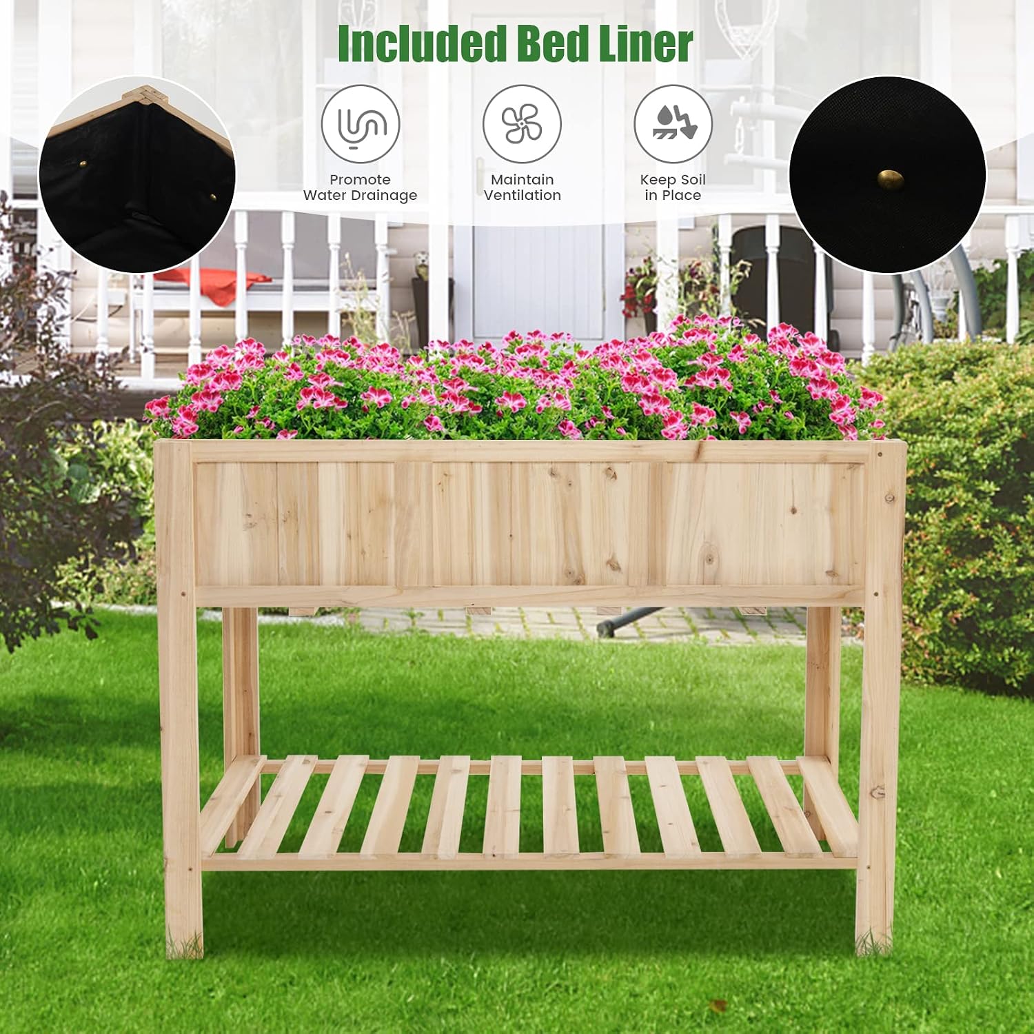Giantex Raised Garden Bed, Wooden Planter, Black Liner, Outdoor Elevated Planter Box with Bottom Shelf, for Vegetables Herbs Flowers Fruits 47”x 23”x 35” (Natural)