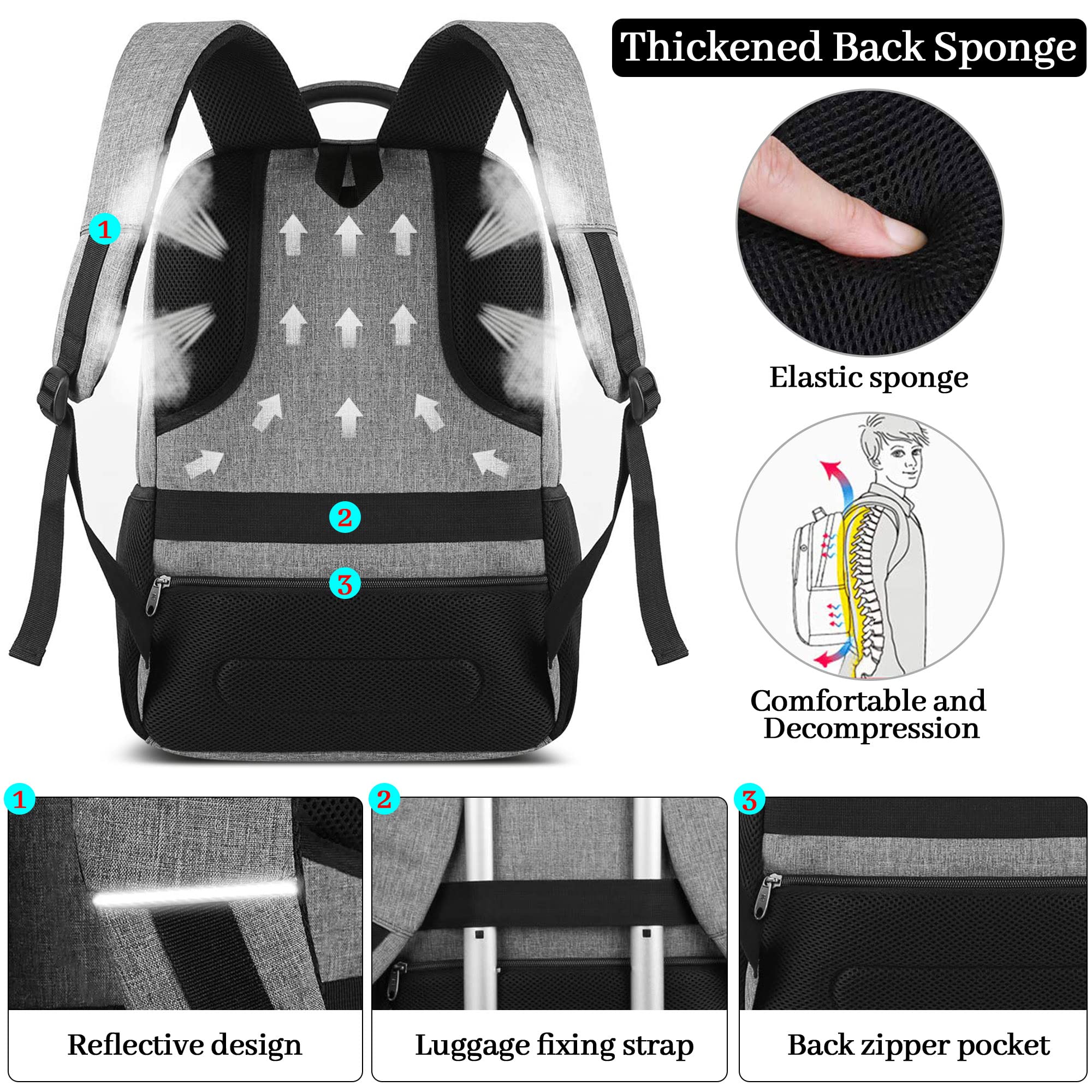 VARLIVOO Hommes/Femmes Sac à Dos USB Port Collège Daypack Ordinateur Portable 15,6" Pouces Haute Capacité Antivol Sacs D'école Travail Université Voyager Imperméable Polyester Gris Clair