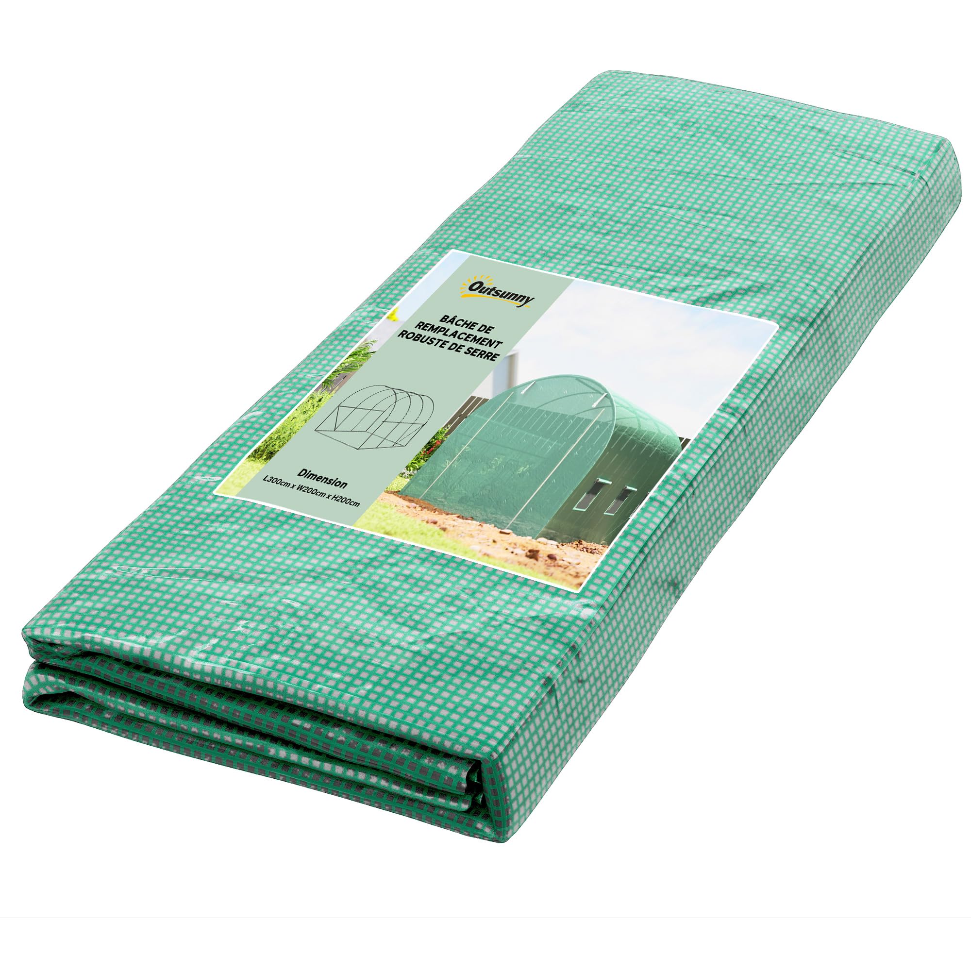 Outsunny Bâche de Rechange Serre Tunnel 6 m², bâche 3 x 2 x 2 m PE Anti-​UV imperméable 6 fenêtres + Porte Enroulable zippée Vert