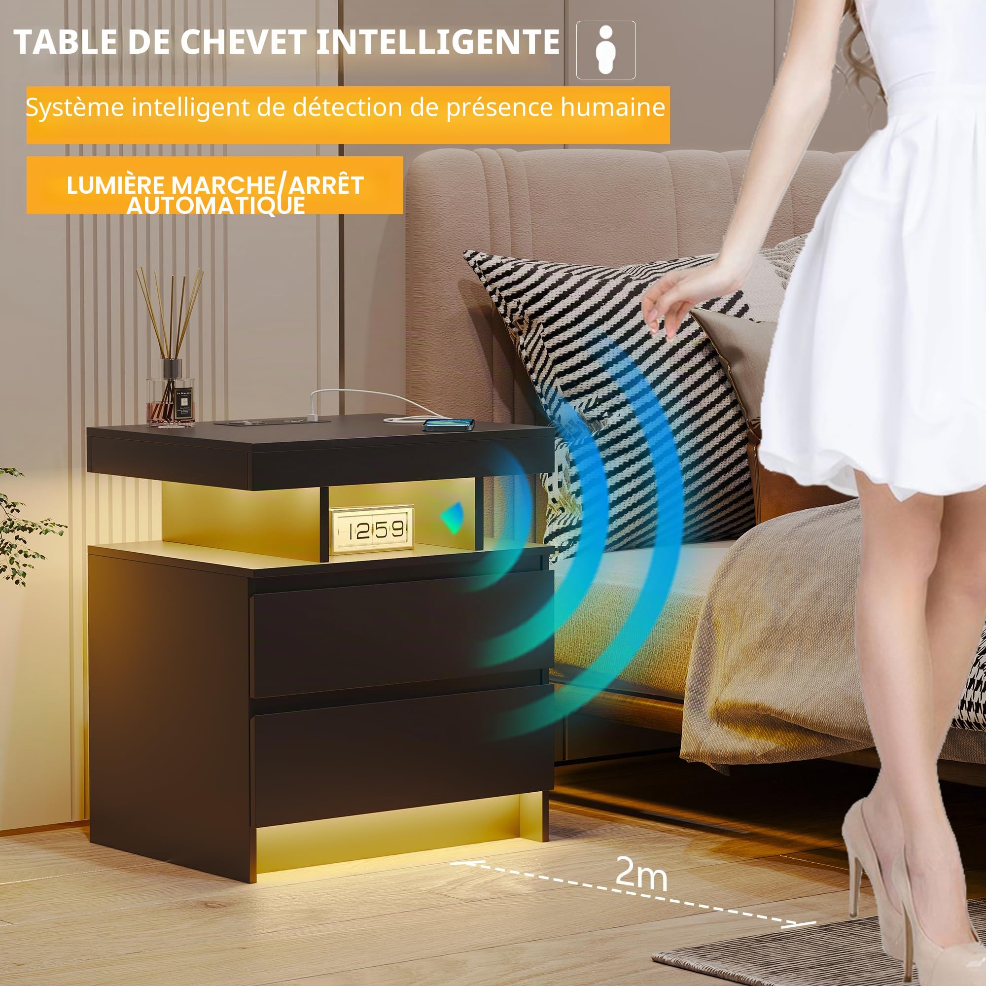 Vlsrka LED Table de Chevet avec Station de Charge & USB | Table de Nuit Intelligente avec 3 couleurs d'éclairage, Moderne Chevet de lit bois avec 2 tiroirs, Chambre à Coucher, Noir
