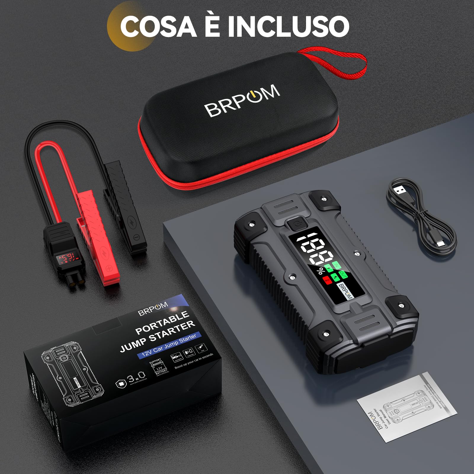 BRPOM Avviatore Batteria Auto, 9000A 26800mAh Avviatore di Emergenza per Auto/Moto, (Motori Fino a ALL Gas o 8.5L Diesel) Booster Avviamento con Torcia a LED&USB Quick Charge 3.0