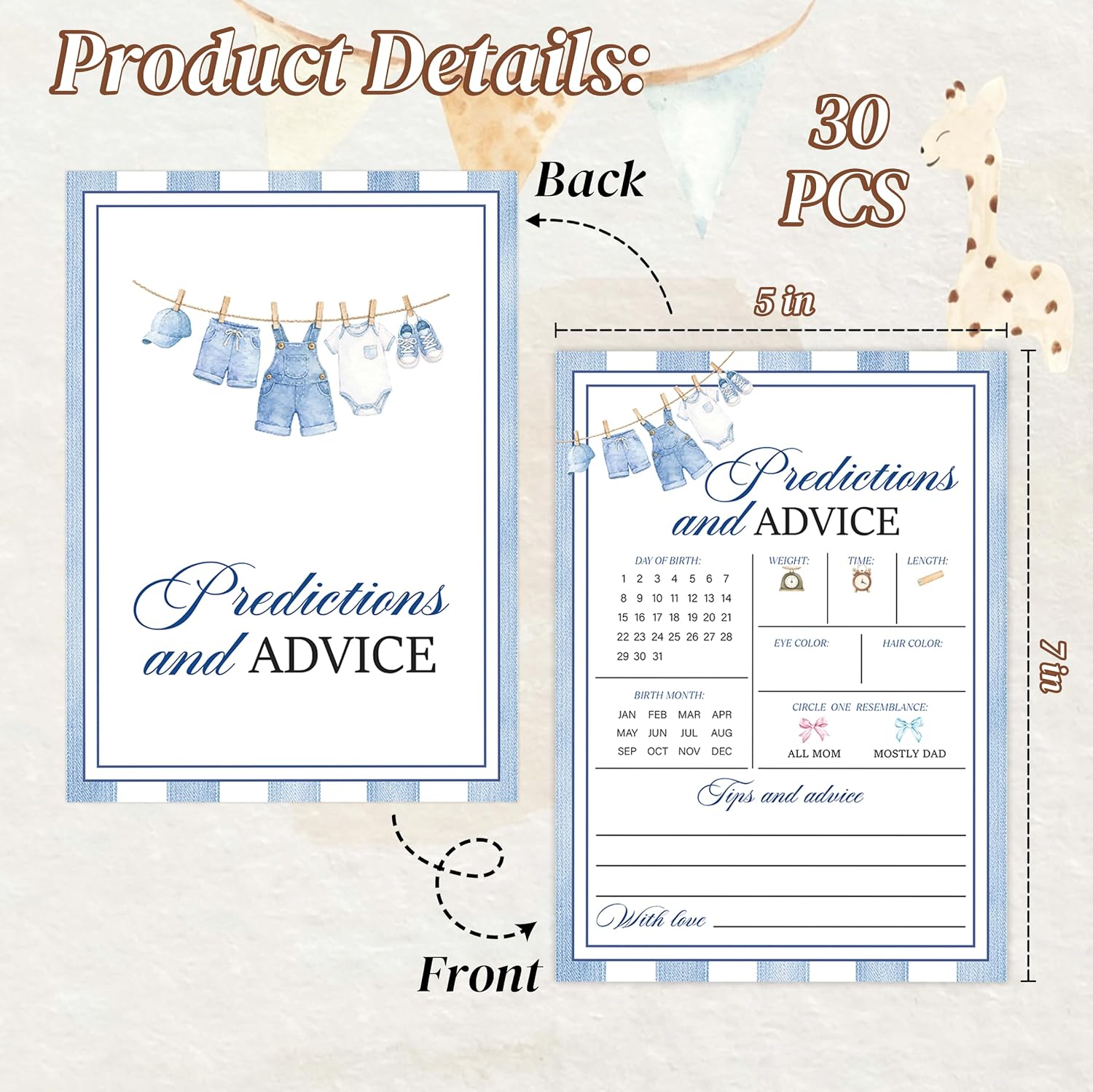 Blue Jean Baby Shower Games, Denim Western Stripes Predictions And Advice Game, Gender Reveal Party Supplies & Decorations, Gender Neutral, Set of 30 Game Cards - DY26