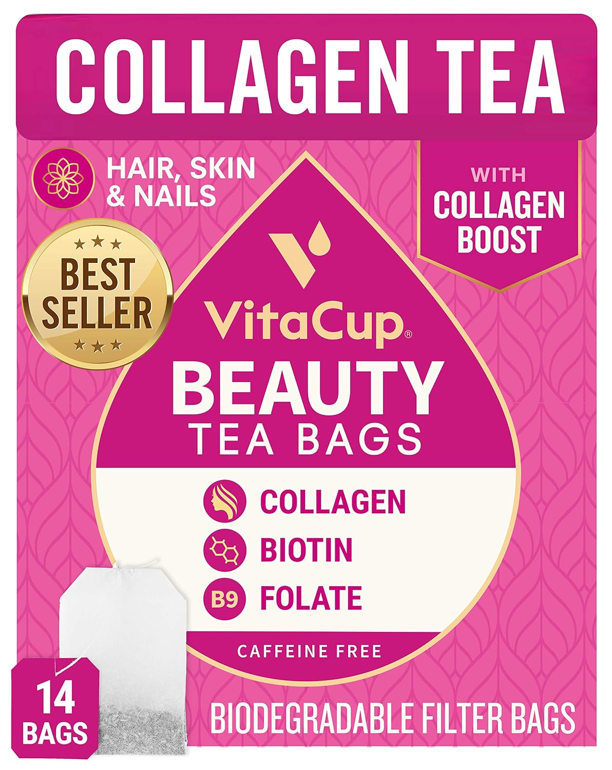 VitaCup® Beauty Tea Bags 14ct w/ Caffeine Free, Collagen, Biotin, Vitamins for Hair Skin and Nails in Sealed Single Serve Tea Sachet Bag