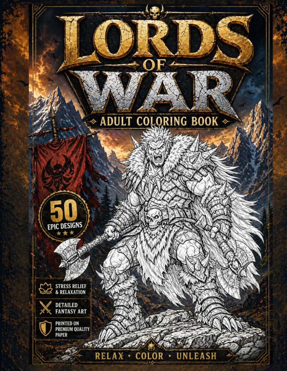 Lords of War Adult Coloring Book Epic Fantasy Warriors Stress Relief and Relaxation