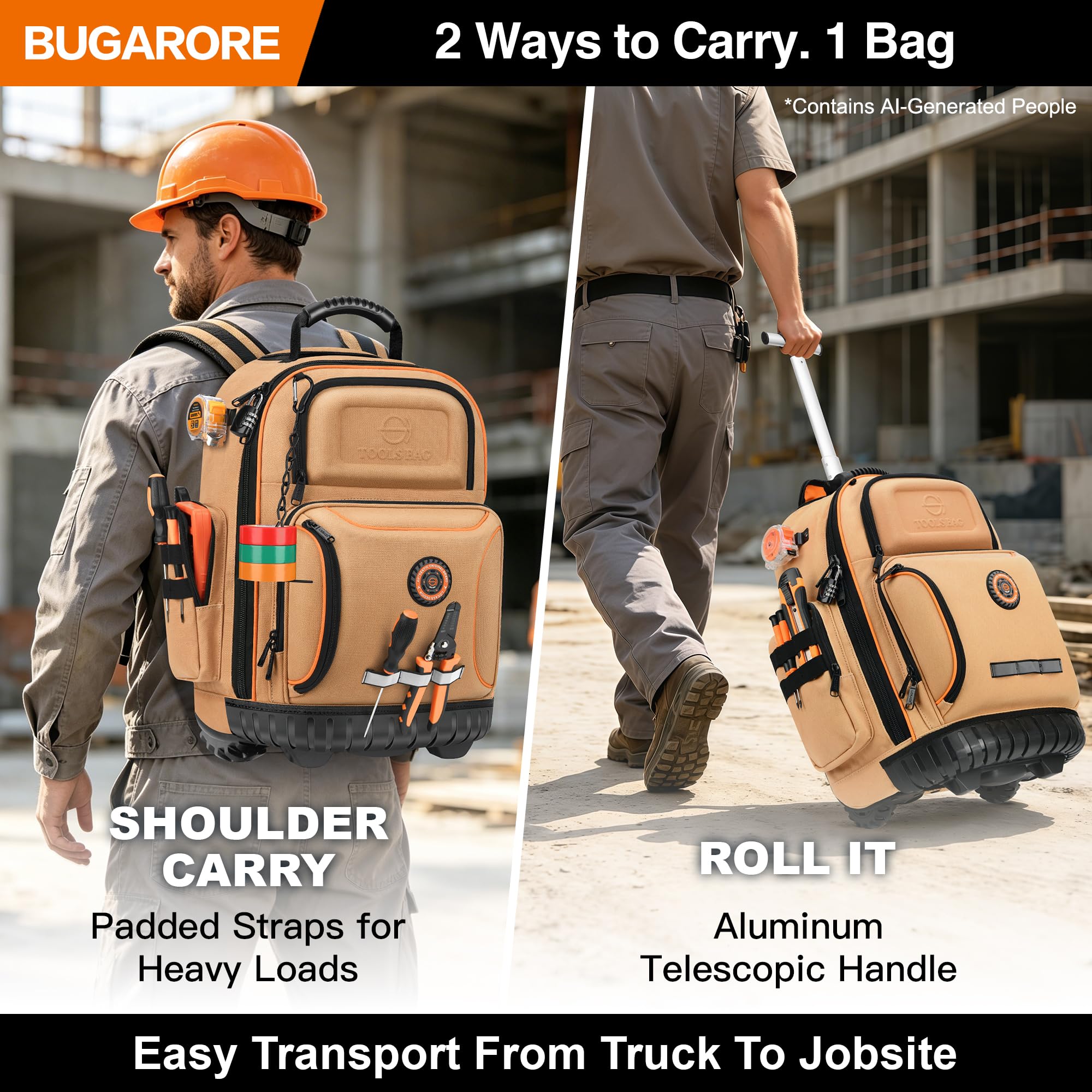 Mochila de herramientas de 40,6 cm con ruedas, 75 bolsillos, bolsa de herramientas de electricista para construcción HVAC, impermeable 1680D, base moldeada y cerradura de combinación