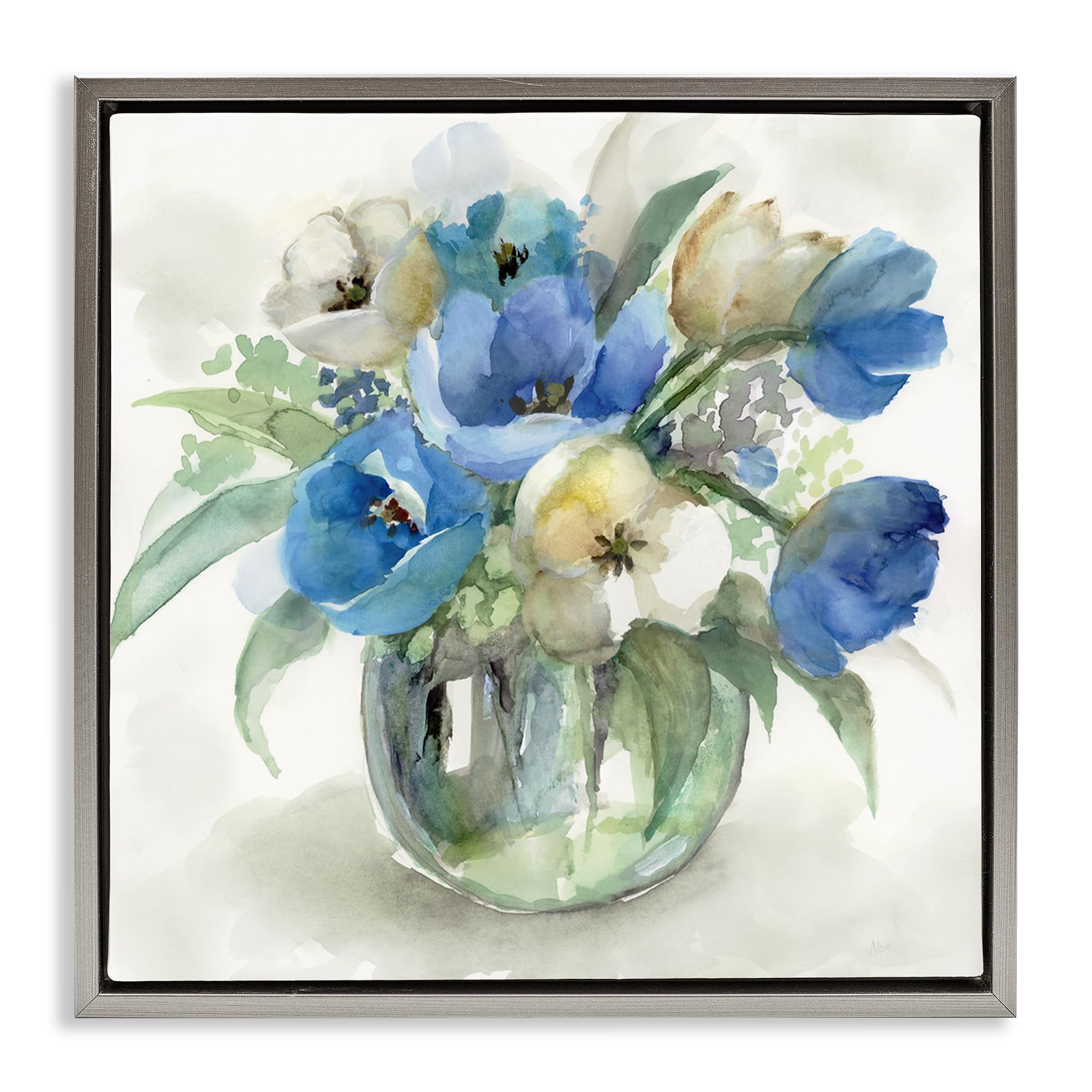 Stupell Industries Blue Tulip Watercolor Bouquet 'Blue Tulip Watercolor Bouquet', Floating Frame Canvas Art, Gray, 18 X 18 Inches, Easy To Hang And Sturdy, Made In Usa, By Nan