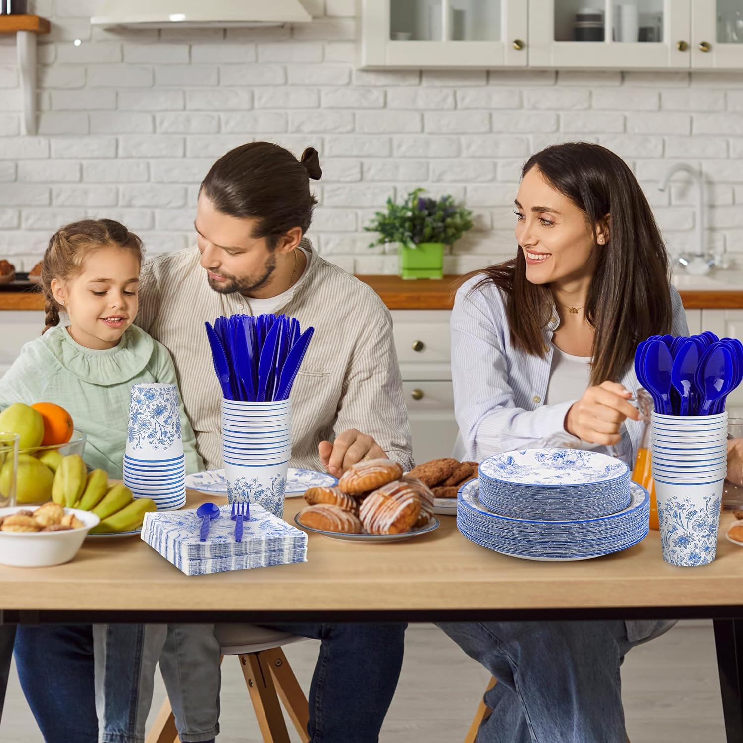 Kochorie 350 PCS Blue Floral Party Supplies Set for 50 Guests Includes White & Blue Floral Plates Cups Napkins Utensils for Spring Dinner, Garden Party, Birthday, Disposable Tableware - Image 7