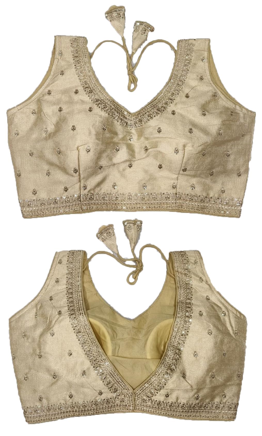 Pujia Mills Women's Indian Ethnic Wear Designer Golden Zari Embroidery With Sequence Work V Neck Sleeveless Readymade Worked Saree Blouse Readymade Cream Color Blouse For Lehenga Choli