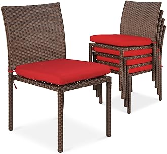 Best Choice Products Set of 4 Stackable Outdoor Patio Wicker Chairs w/Cushions, UV-Resistant Finish, and Steel Frame - Brown/Red