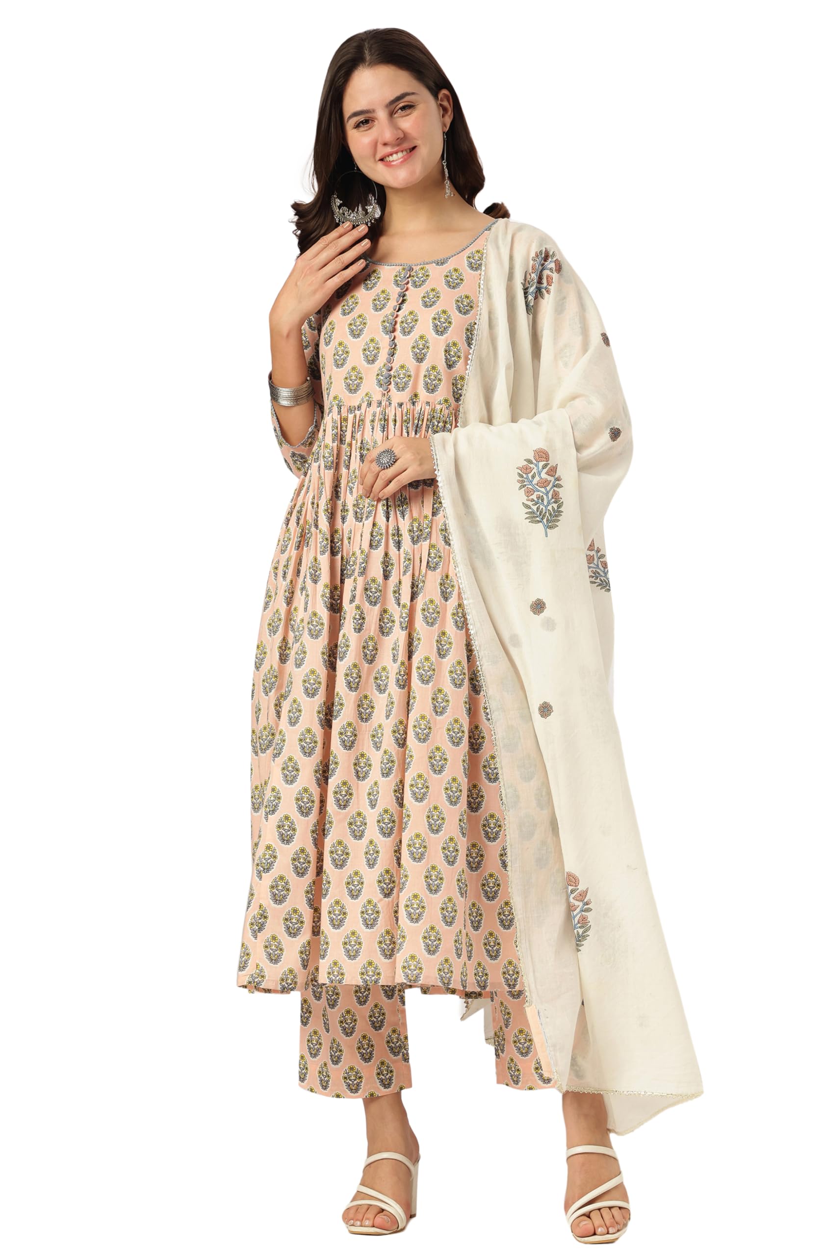 janasya Women's Peach Pure Cotton Floral Printed A-line Kurta Set-picture-24