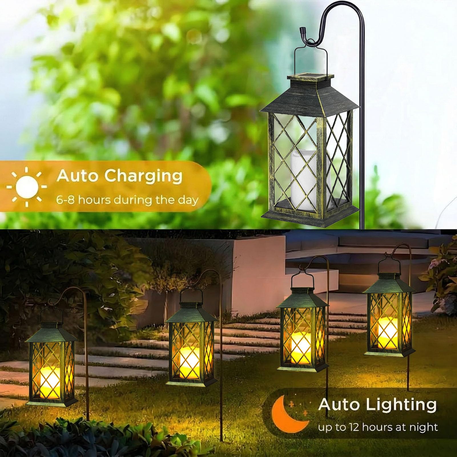 Yowin Lanterne da Esterno 2 Pezzi 35cm Grande Lanterna Solare da Giardino con Candele Tremolante, Vetro Temperato, Lampada Solari da Appendere Impermeabile Lampade da Tavolo per Giardino Balconi