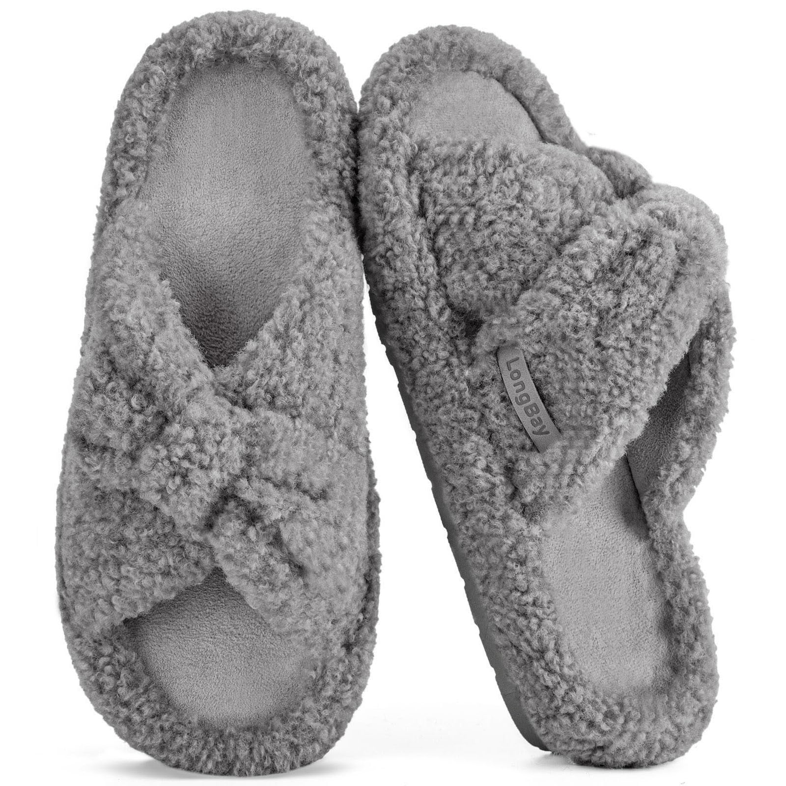 LongBay Womens Orthopedic Arch Support Slippers Fuzzy Open Toe Memory Foam House Shoes Bow Crossbands Indoor Bedroom Slides Gift