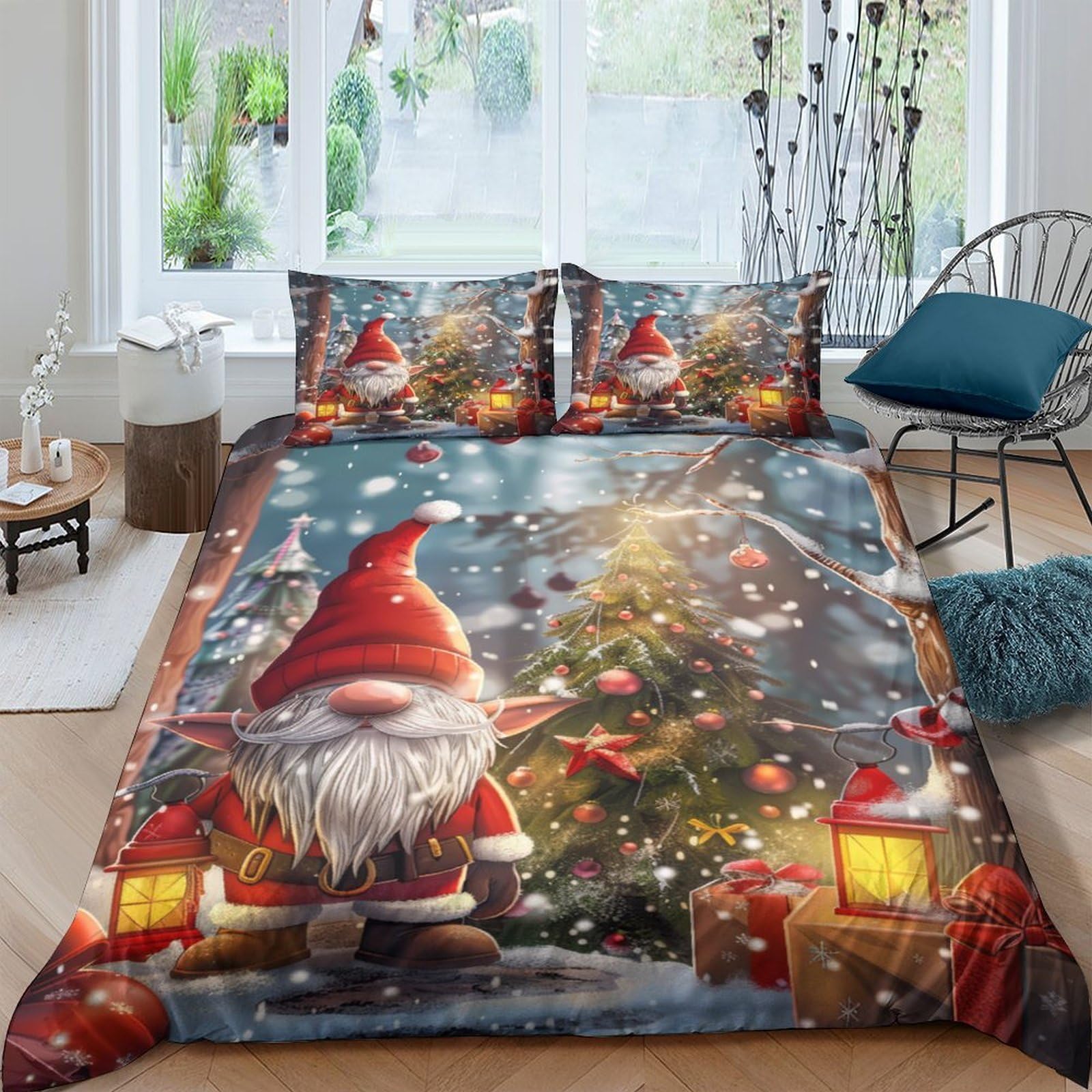 Ctjqhvkz Style-4 3D Printed Christmas Gnome Fitted Sheet Microfiber Decorative Xmas Tree Bed Cover For Bedroom Guest Room Easy Care Single（135X200cm）