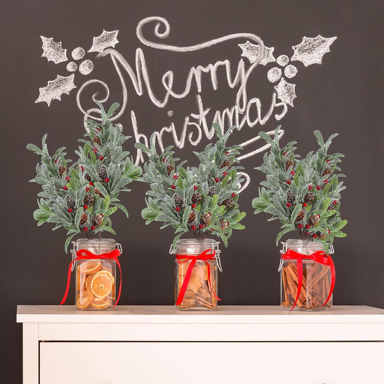 6 Pcs Christmas Artificial Mistletoe Picks 17.3 Inch Fake Mistletoe Decoration Branches with Berries Pinecones Ornaments DIY Crafts for Xmas Tree Wreath Holiday Decor(Red Berry)