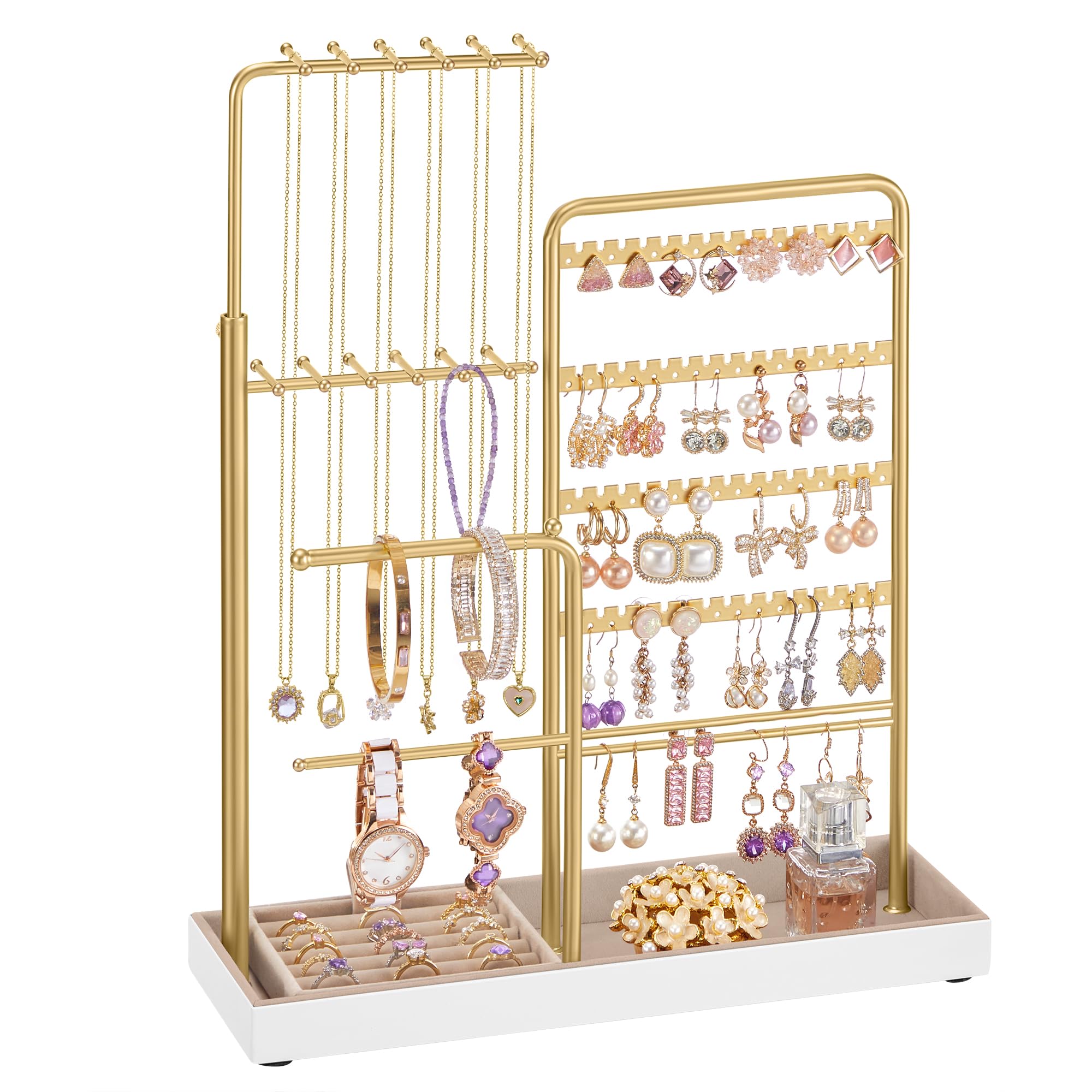 SONGMICS Jewelry Holder, Jewelry Storage Organizer Stand with Metal Frame, Velvet Tray, 12.1 to 18.7 Inches Tall Height Adjustable Necklace Holder, for Rings, Christmas Gift, Earrings, Pale