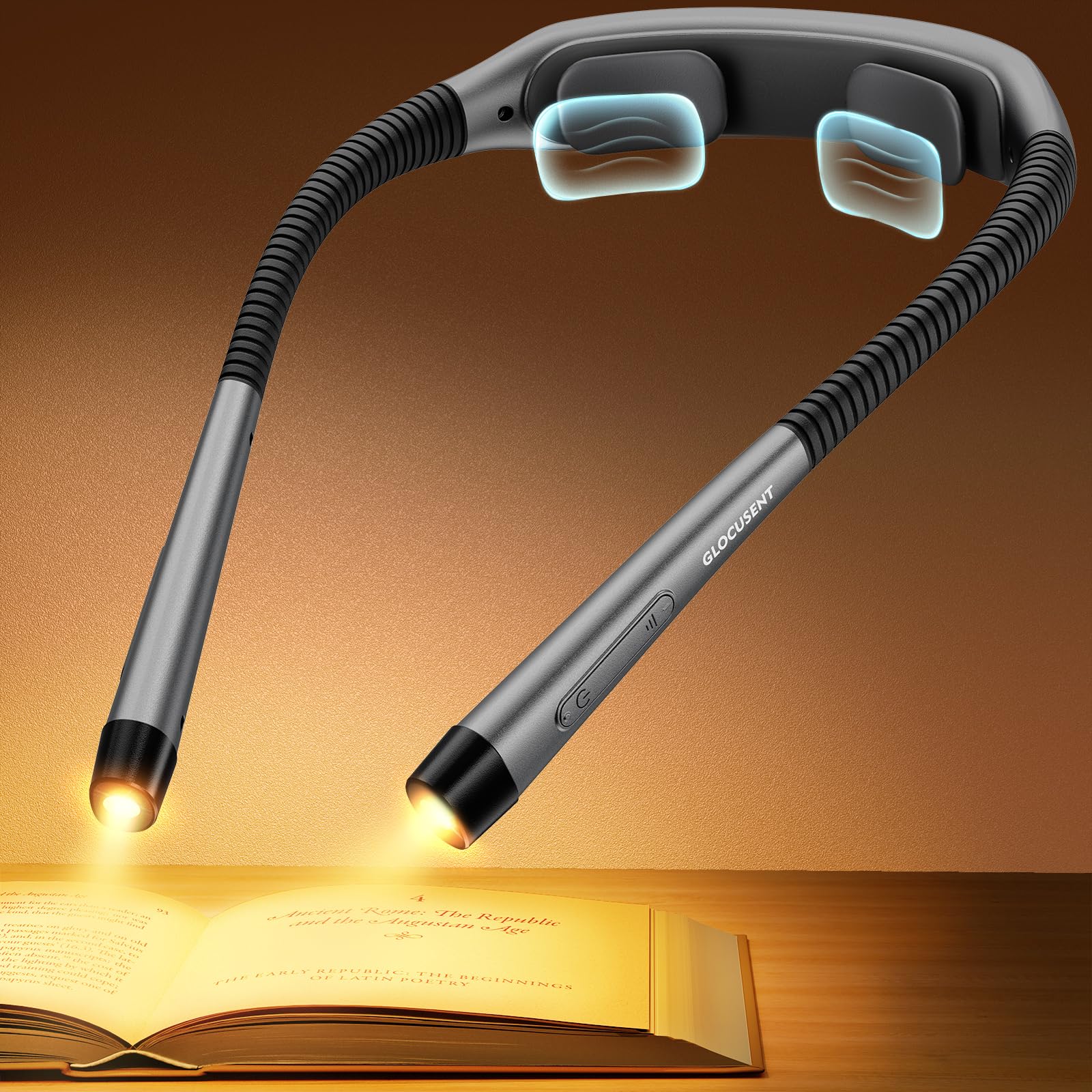 Glocusent Ergonomische Leselampe mit 1600mAh Akku, 3 Farben & 5 stufenloser Helligkeit, Praktischer Lock-Schalter und Timer - Buchlampe Leselicht Nackenlampe für Handarbeiten, Lesen & Arbeiten