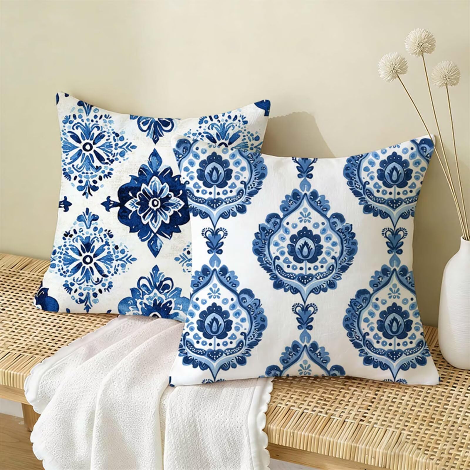 Housse Coussin 80x80 Bleu Lot de 2, Bohême Housse de Coussin Lin, Doux Confort Taies d'oreiller Imperméable Extérieur, Fermeture Éclair, Lavable en Machine, Canapé, Chambre, Fauteuil, Exterieur X-720