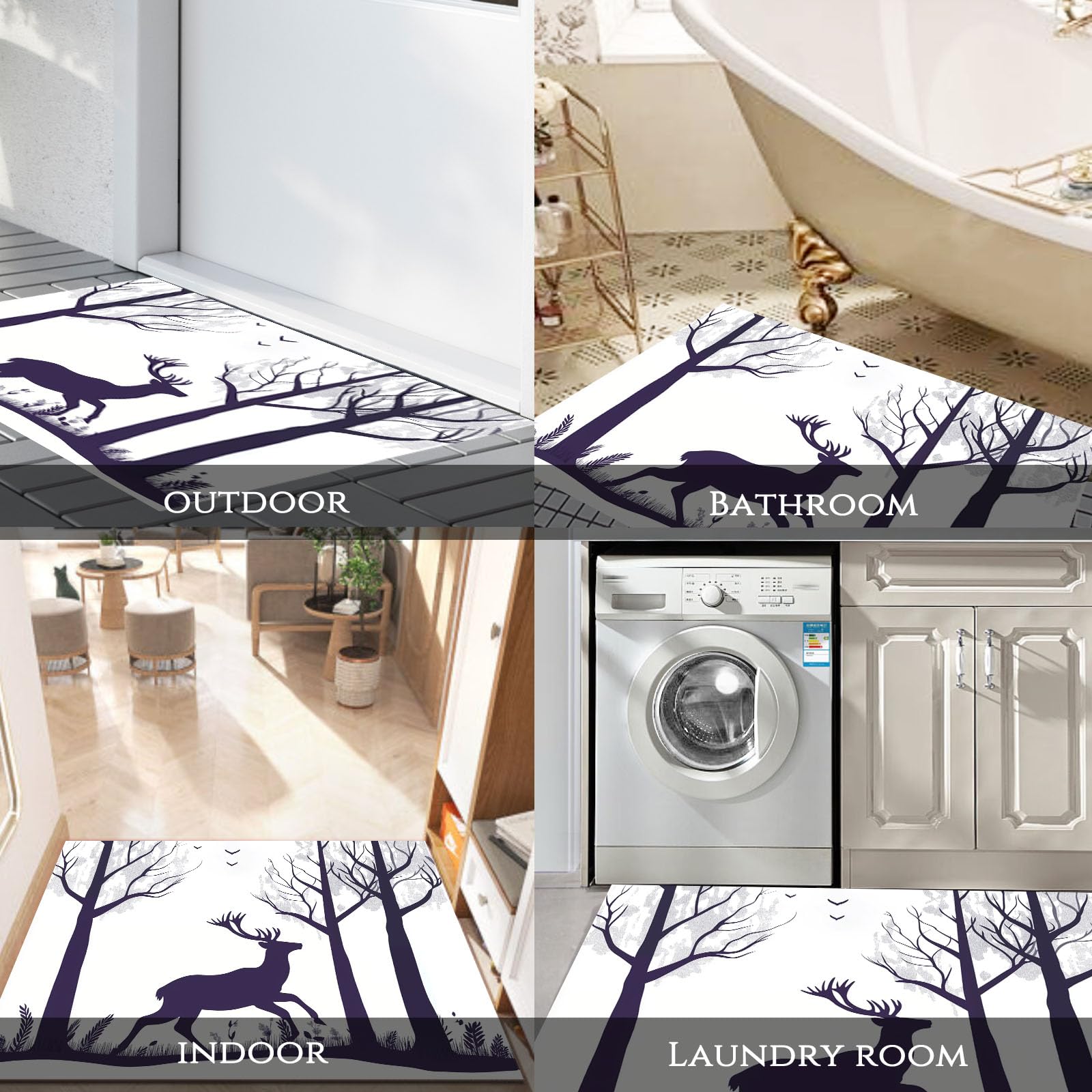 Navidad Antideslizante Felpudo, 90 x 150 cm Alfombra Entrada, Alfombras de Decoración de Resumen Bosque, Sencillo Reno Silueta Welcome Tapete de Puerta para Salón Baño Cocina, Blanco