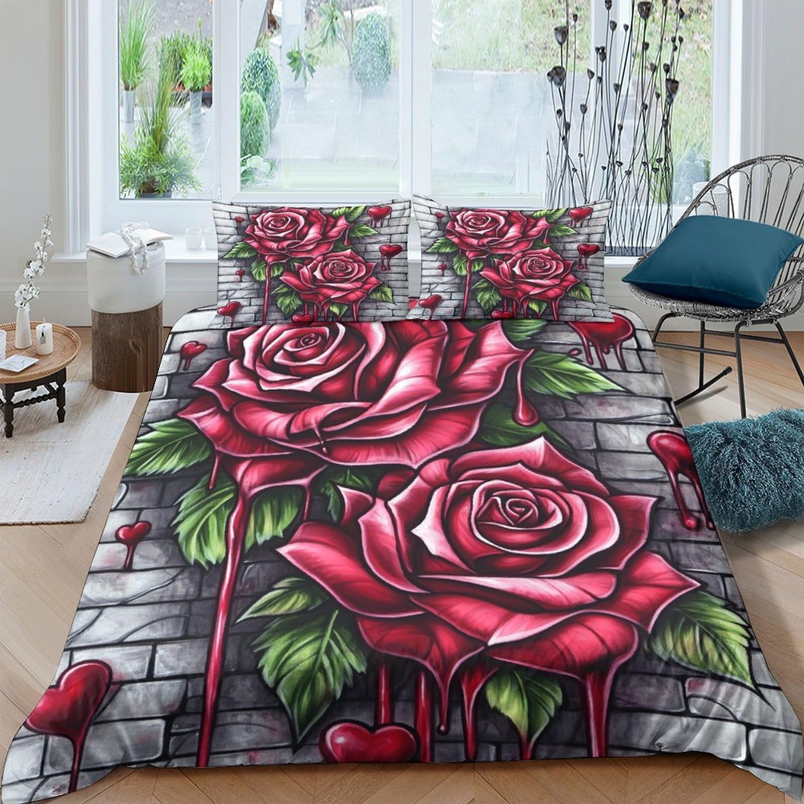 Ctjqhvkz Style-1 3D Printed Red Rose Graffiti Fitted Sheet Microfiber Soft Mattress Cover For Bedroom Dorm Decoration Dustproof Easy Care Single（135X200cm）