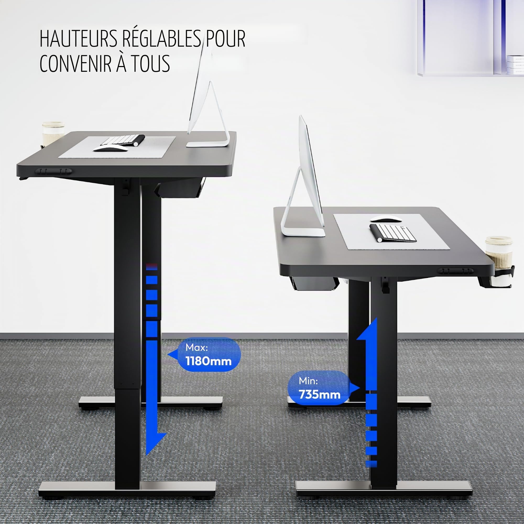 FLEXISPOT Bureau Assis Debout 160x60cm Bureau Réglable en Hauteur Électrique, Panneau de Contrôle à Fonctions Mémoires, Bureau à Télétravail(Cadre Noir+Plateau Noir)