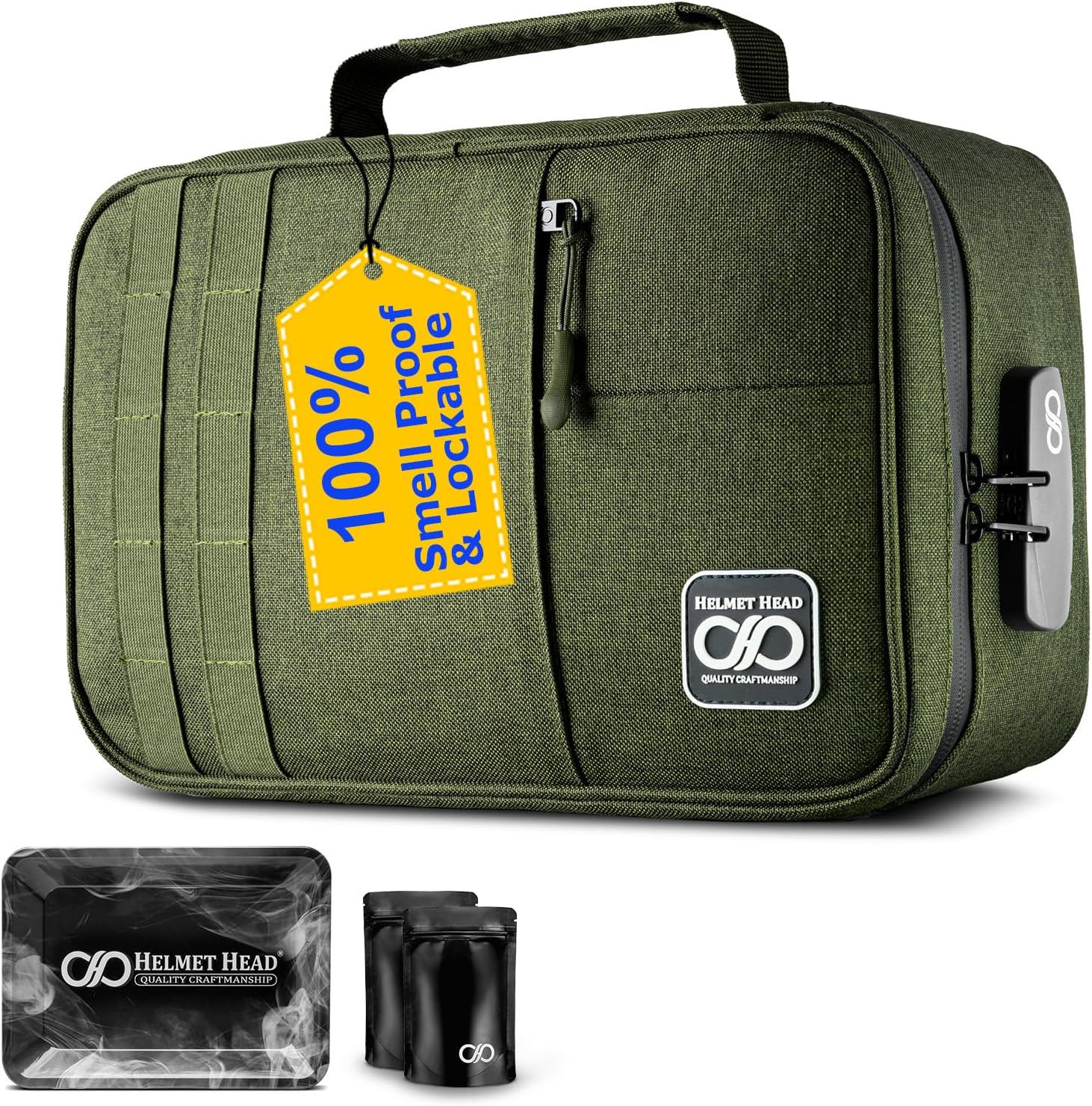 HELMET HEAD Smell Proof Bag with Lock, Water Repellent Large Stash Box for Mason Jars and Containers. Includes 2 Bags and Metal Tray (Herb Green)