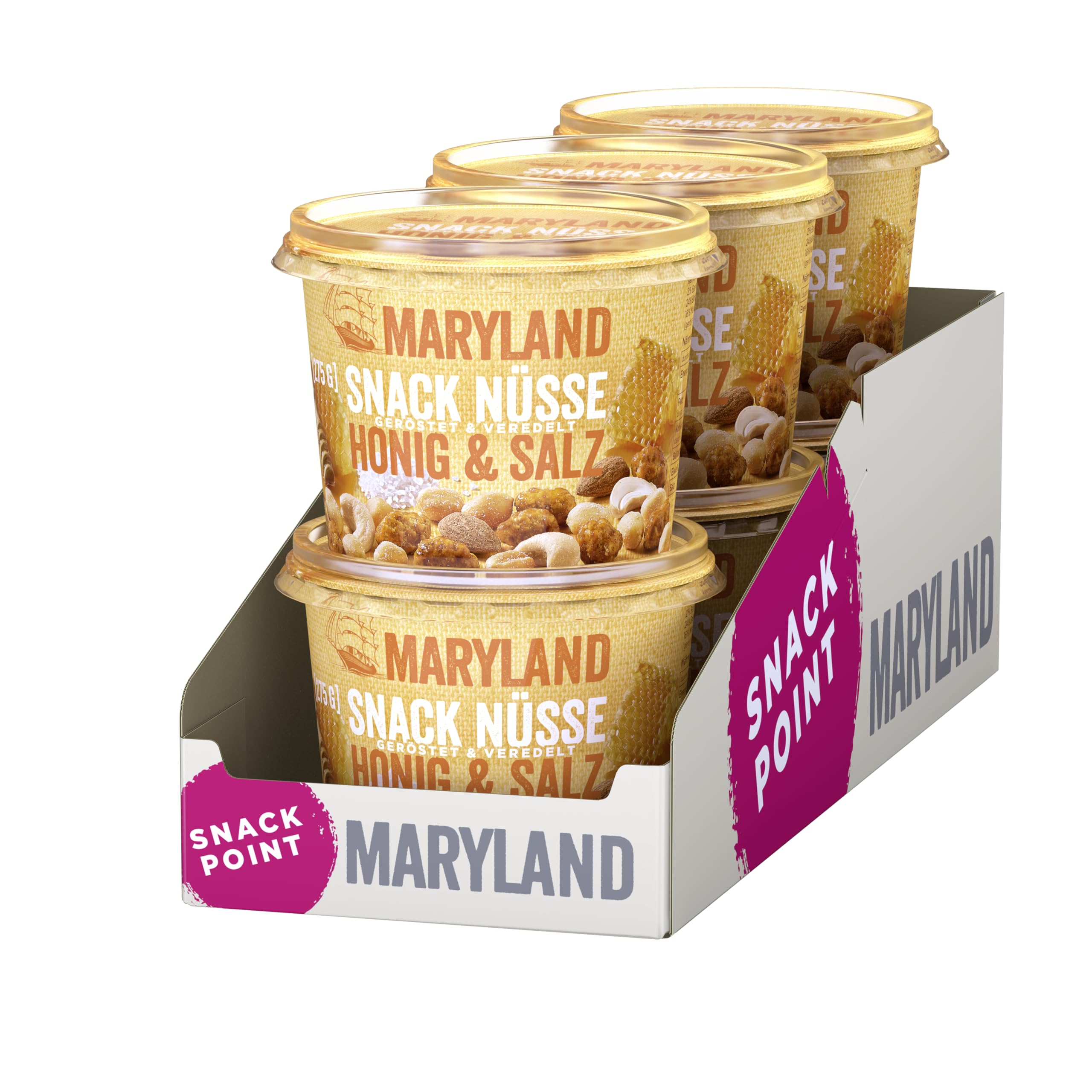 Maryland Snack Nüsse Honig & Salz 275g Becher Vorratspack - Erdnüsse, Cashewkerne und Mandeln in Nussmischung - Süß & salzig - wiederverschließbarer Becher (6 x 275g)