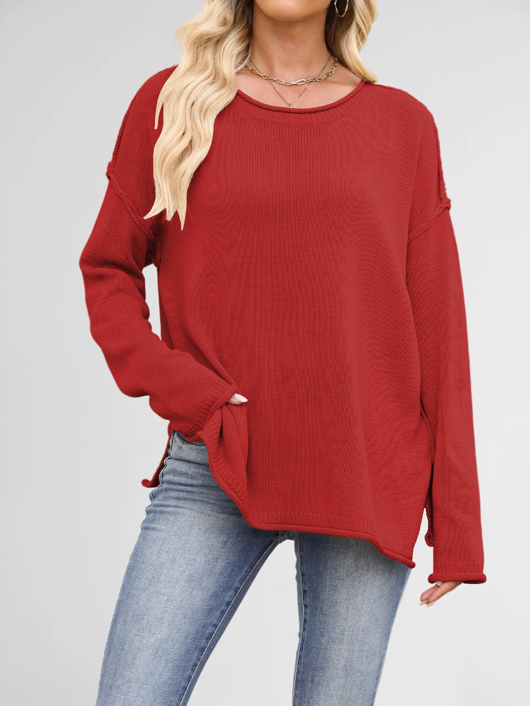Luźne Swetry Damskie, Luźne, z Długim Rękawem i Okrągłym Dekoltem, Dzianinowe, Przytulne, Swetry Pullover Czerwony M