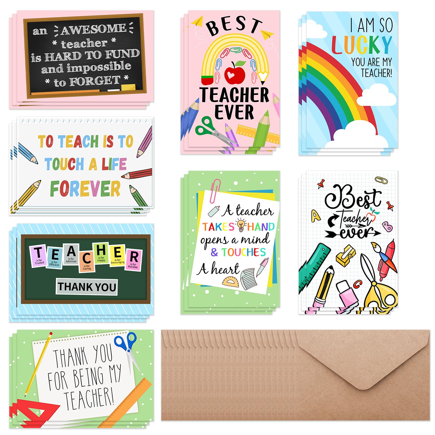 Arosche Teacher Appreciation Cards with Envelopes and Stickers Set of 24, 8 Assorted Designs, Thank You Teachers Greeting Cards from Students Bulk