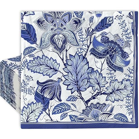 80-Pack Blue and White Retro Floral Paper Napkins