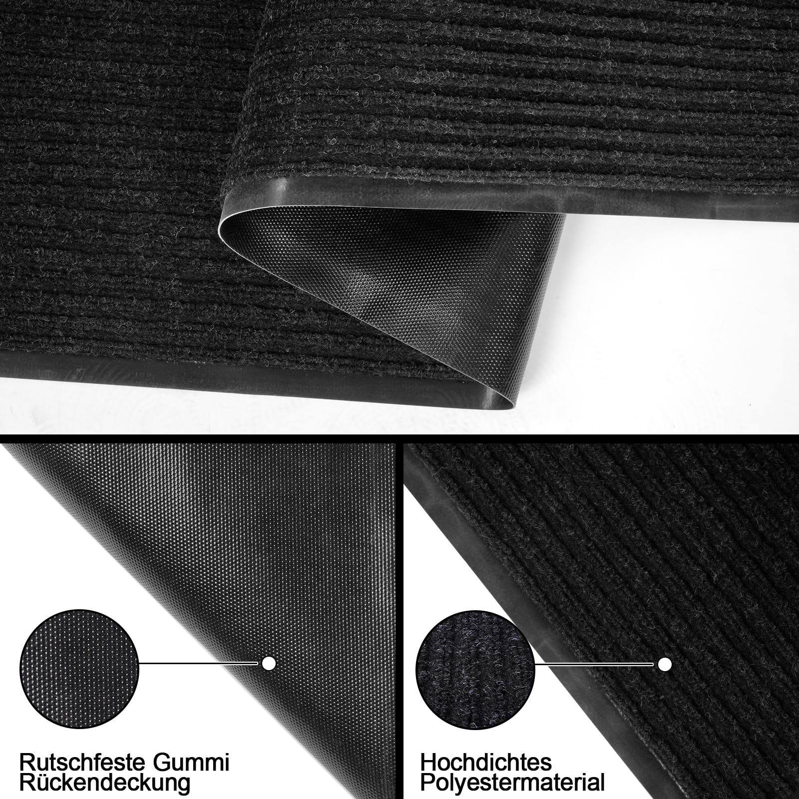 uyoyous Teppich Läufer Flur, rutschfest Schmutzfangmatte Meterware, 90×300 cm Streifenmuster Teppichläufer Küchenteppich, Waschbar Flurteppich für Eingänge, Küche, Wohnzimmer, Korridor-Schwarz