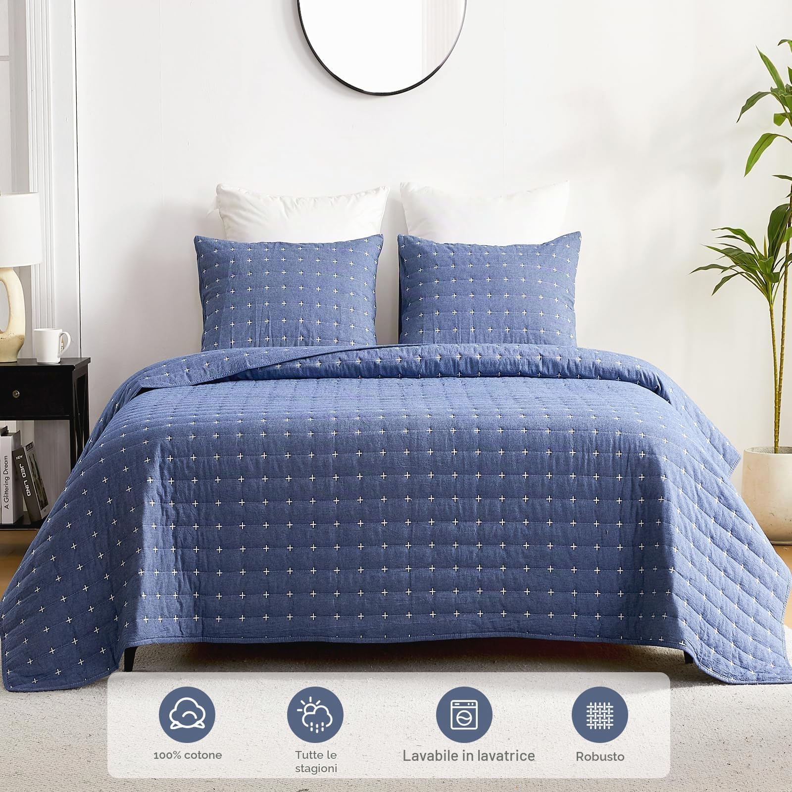 Qucover Copriletto Matrimoniale 240x260cm, Trapuntato Morbido e Confortevole, in Cotone Lavato, 3 Pezzi con Motivo a Punto Croce Moderno, Estivo Trapuntato con Federe Blu