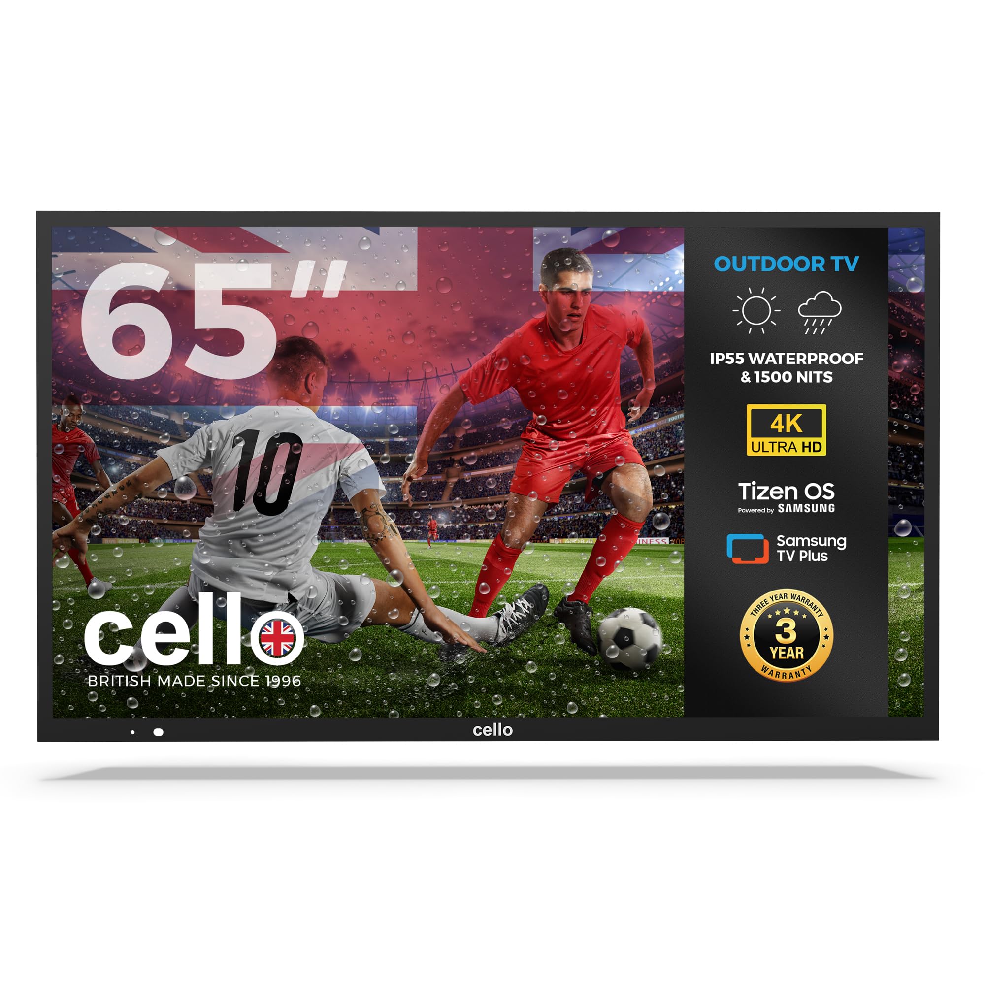 Cello COD65TZ 65-inch Tizen OS Outdoor Smart LED, 240V 4K TV, By Samsung, Pitch Perfect Speakers, Waterproof IP55, 1500 nits, Netflix, Prime Video, TV for Garden & Patio