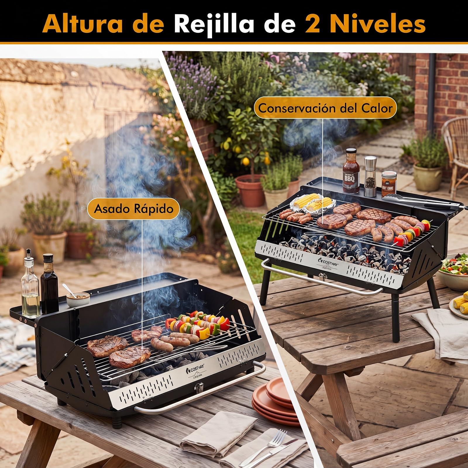 COSTWAY Barbacoa Carbón XL Plegable, Patas Desmontables, 81 x 47 x 85 cm | Rejilla Regulable en Altura de 2 Niveles, Bolsa de Transporte y Asa, Portátil para BBQ Jardín Picnic Playa Terraza