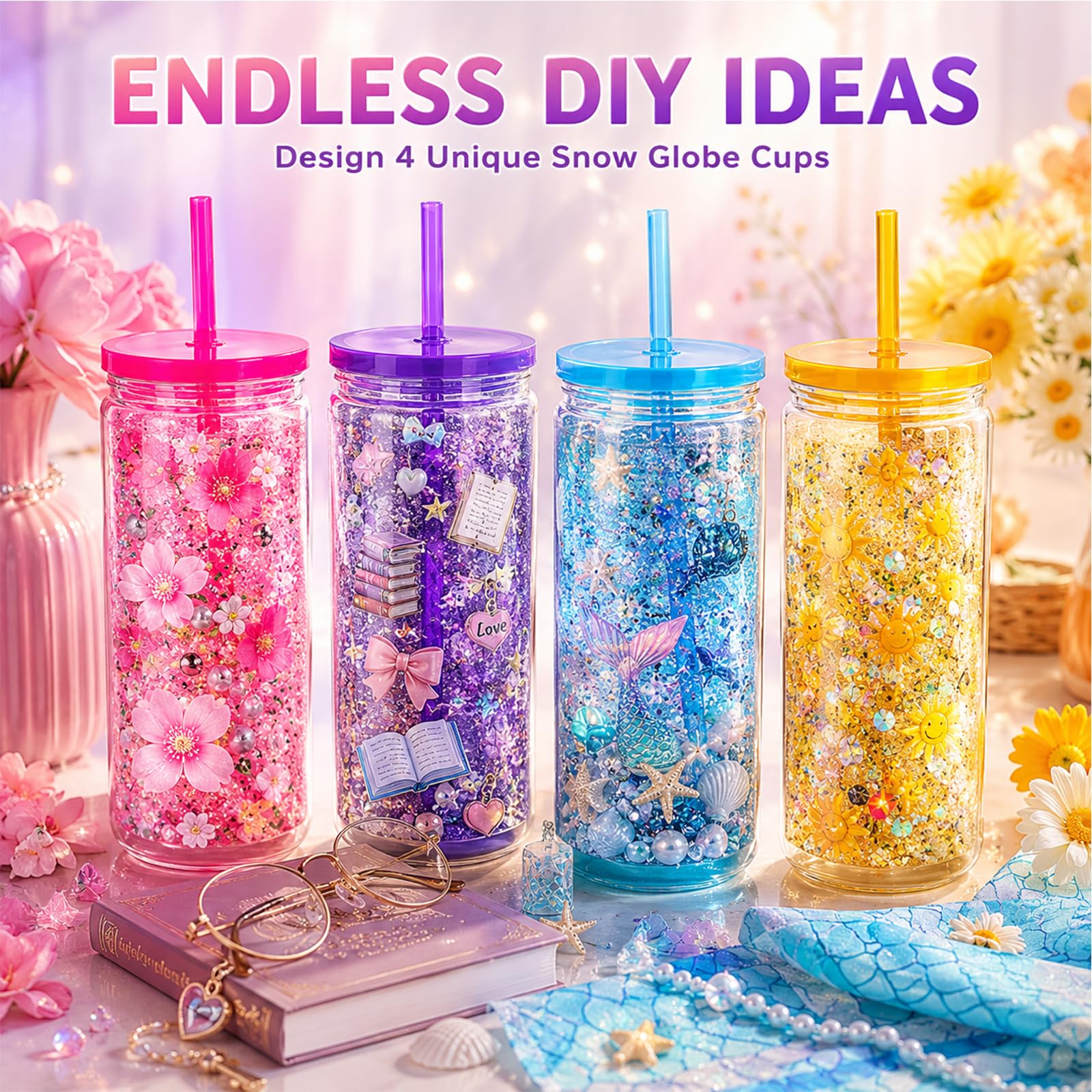 KASURE Confezione da 4 bicchieri a doppia parete in plastica da 473,6 g, in rosa, viola, giallo, blu, con 14 strumenti fai da te glitterati, set completo per la creazione di palle di neve per