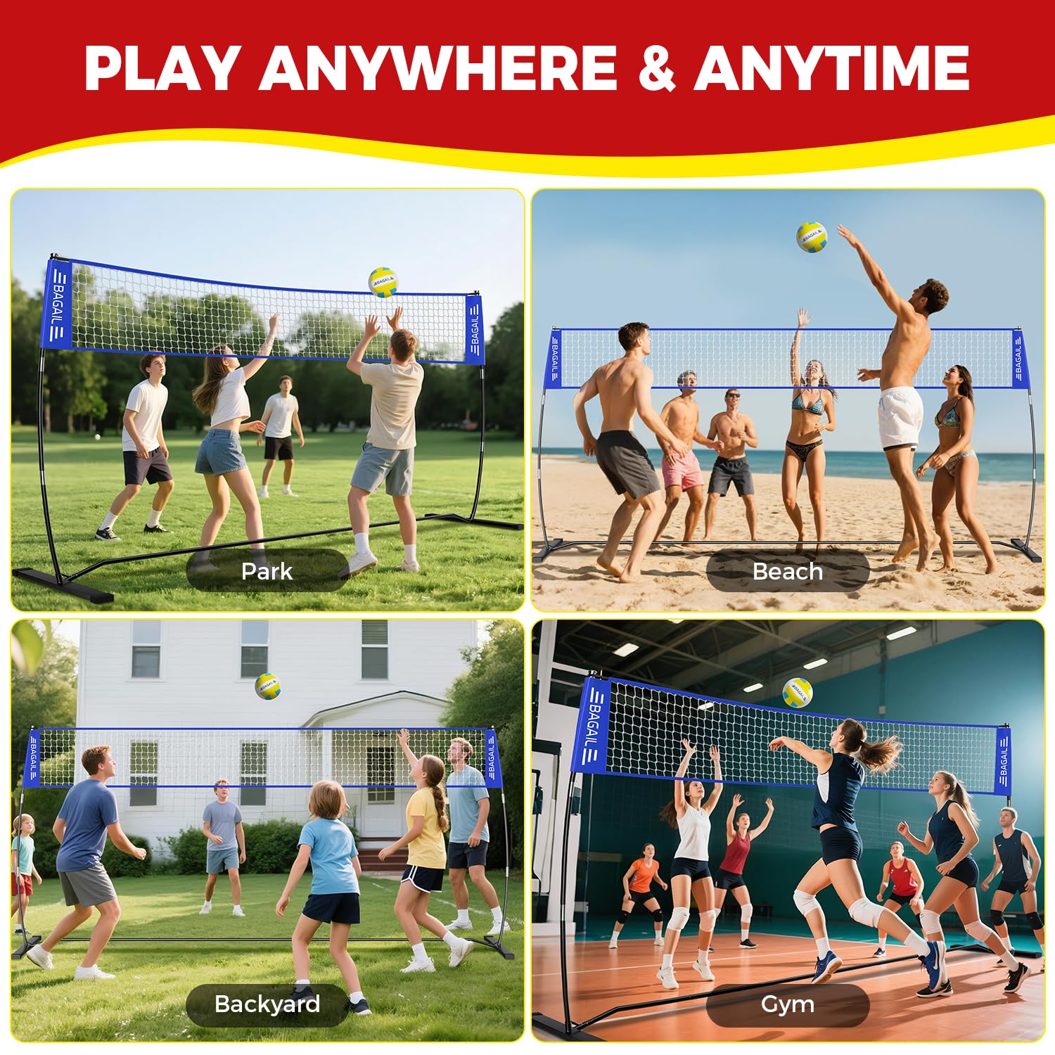 BAGAIL Rete da Pallavolo, Rete da Pallavolo Portatile da Giardino 12ft/20ft - Regolabile in Altezza, Telaio Resistente, Design Indipendente - Set da Pallavolo Portatile per Esterni e Interni