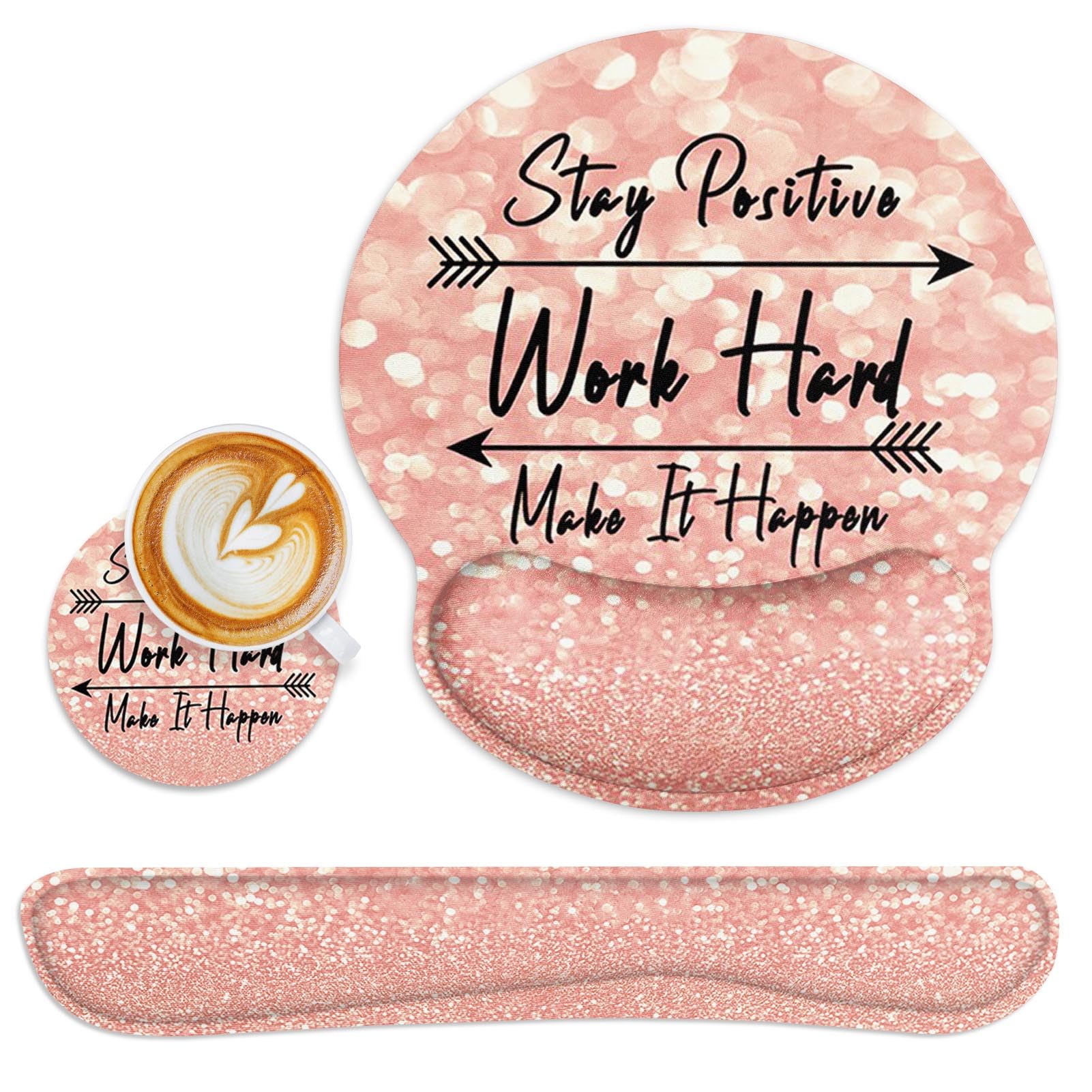Britimes Pink Rose Gold Mouse Pad 3pcs Set with Wrist Support Non-Slip Rubber Base Ergonomic Pad,Mouse Wrist Cushion Support and Coasters for Home Office Gaming Easy Typing & Pain Relief