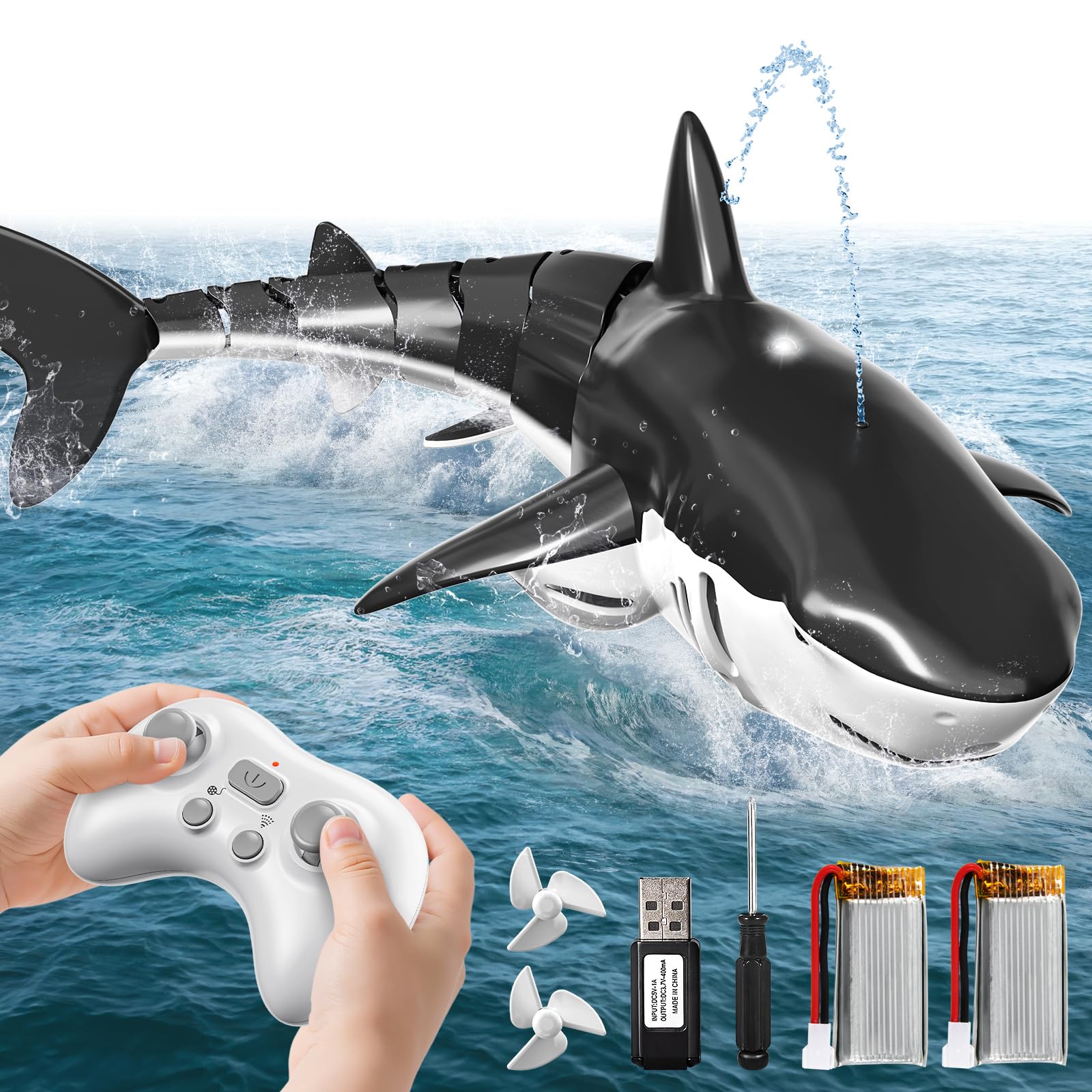 2.4GHz Remote Control Shark Toys for Boys,1:18 Scale High Simulation Shark Toys with Light & Spray, RC Sharks for Pools & Lakes, Toy Shark Boat Gift for 4 5 6 7 8 9 Year Old Kids Boys Girls