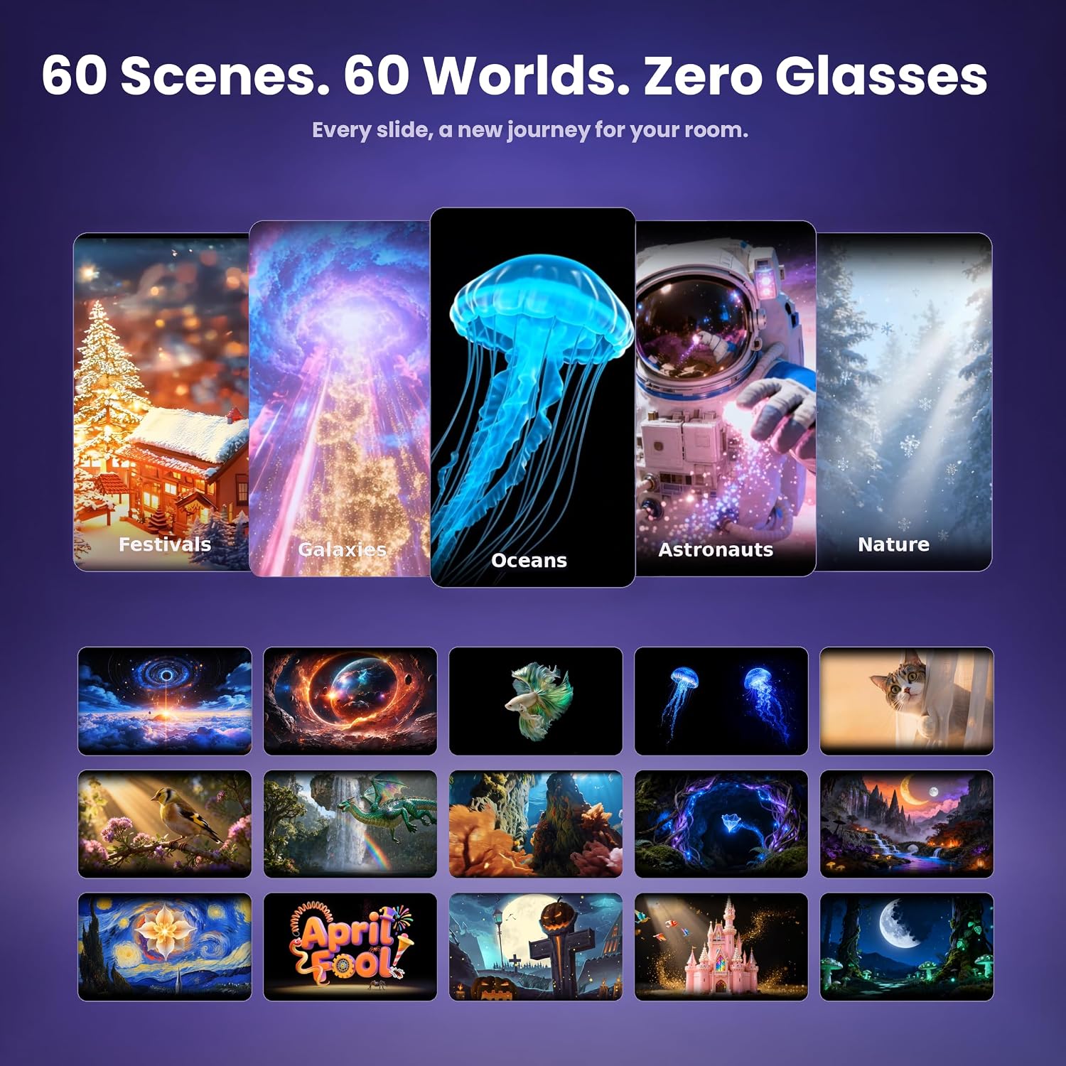 3D Video Projector, 60 Scenes, 12 Themes, Night Light, Purple image 2