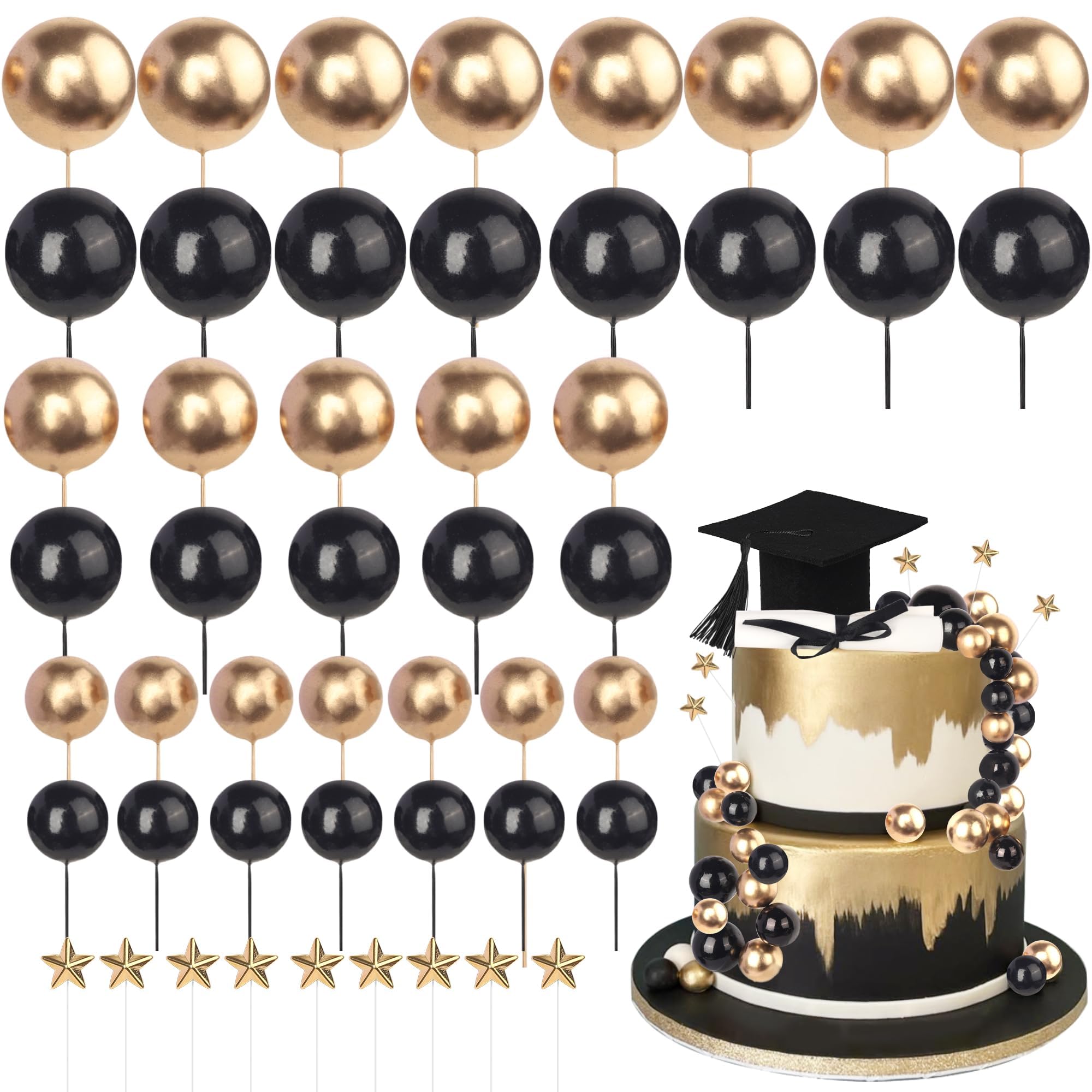 Xsstarmi Black Grad Cap Cake Topper Decor Star Balls Congrats Grad Diploma Done Cake Pick Class of 2026 Graduation Party Cake Decorations for Prom 2026 Graduation Party Cake Supplies