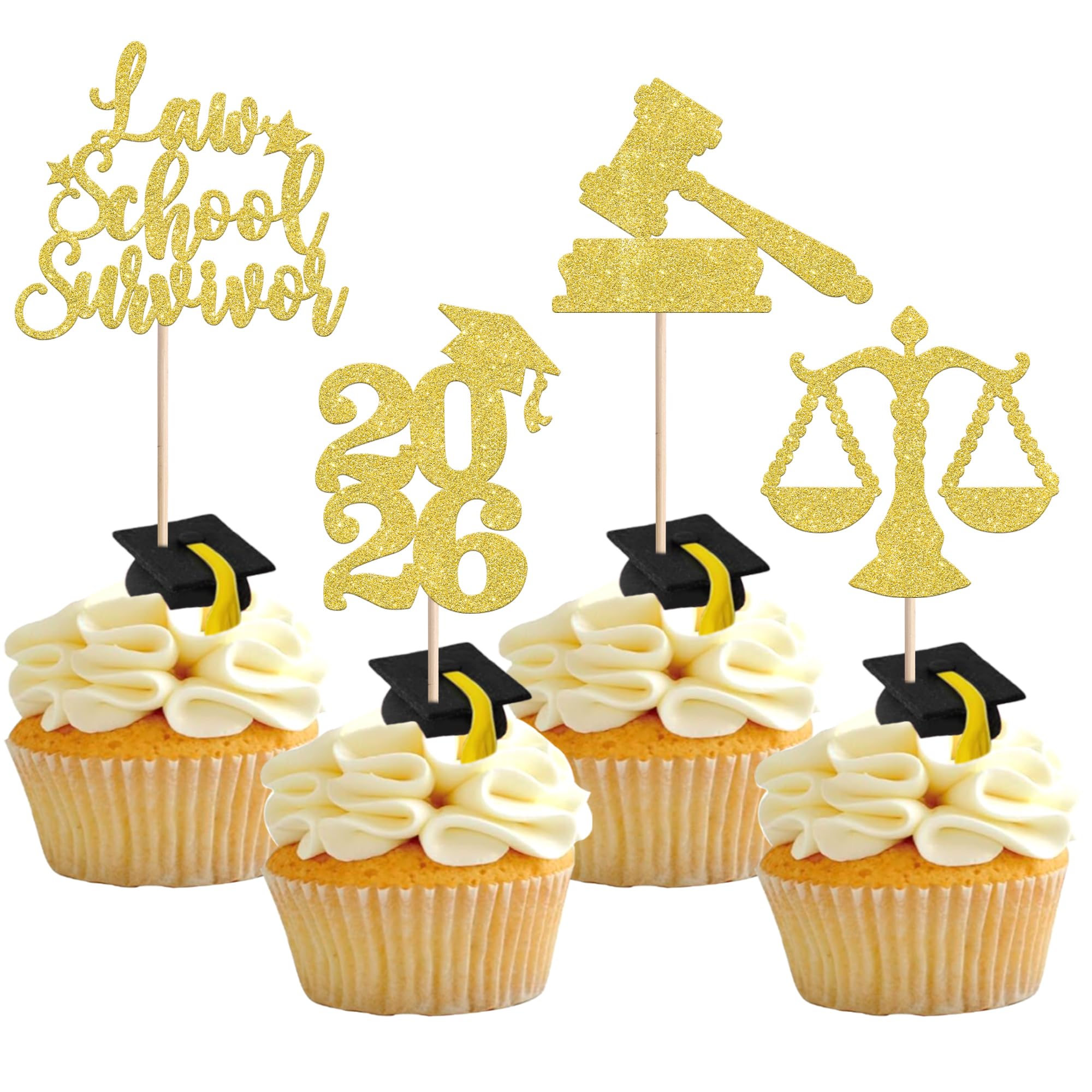 Xsstarmi 36 Pack 2026 Lawyer Graduation Cupcake Toppers Gold Glitter Class of 2026 Lawyer Grad Law School Survivor Case Closed Cupcake Picks for 2026 Law School Graduation Party Cake Decorations